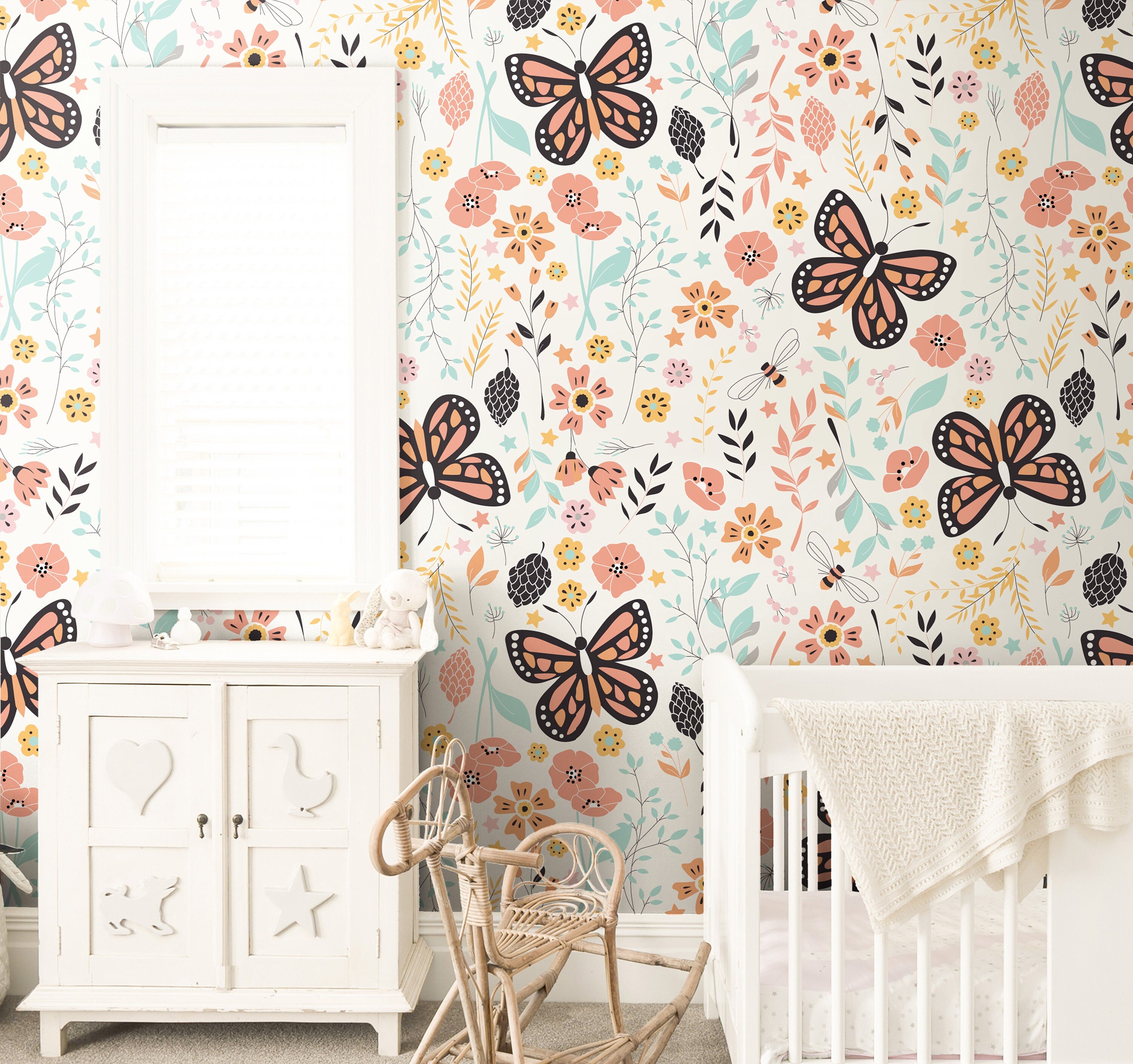 Floral Butterfly Wallpaper | Girls Nursery Wallpaper | Kids Wallpaper | Childrens Wallpaper | Peel Stick Removable Wallpaper | 3912 - JamesAndColors