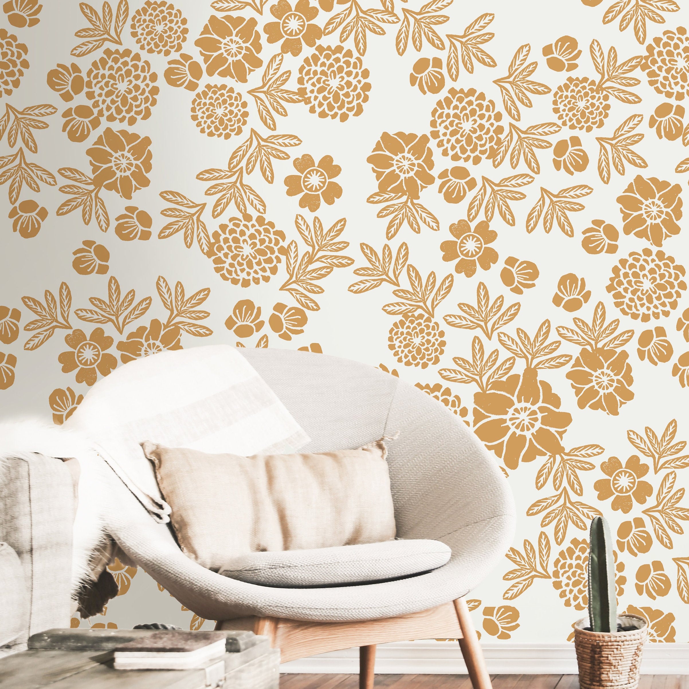 Wallpaper Peel and Stick Wallpaper Cream Floral Golden Tan Neutral Removable Wallpaper Wall Decor Home Decor Wall Art Room Decor 60 - JamesAndColors