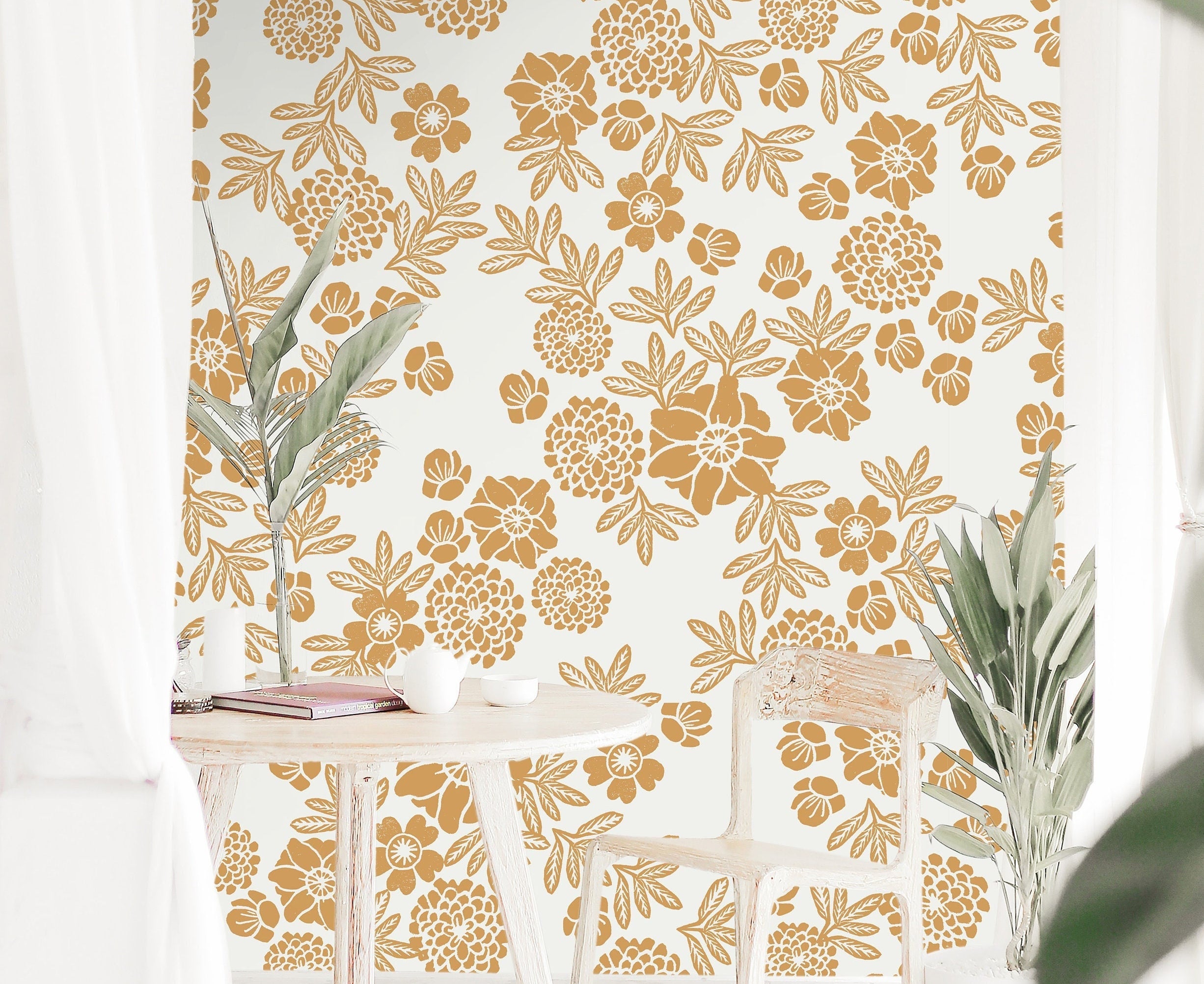Wallpaper Peel and Stick Wallpaper Cream Floral Golden Tan Neutral Removable Wallpaper Wall Decor Home Decor Wall Art Room Decor 60 - JamesAndColors