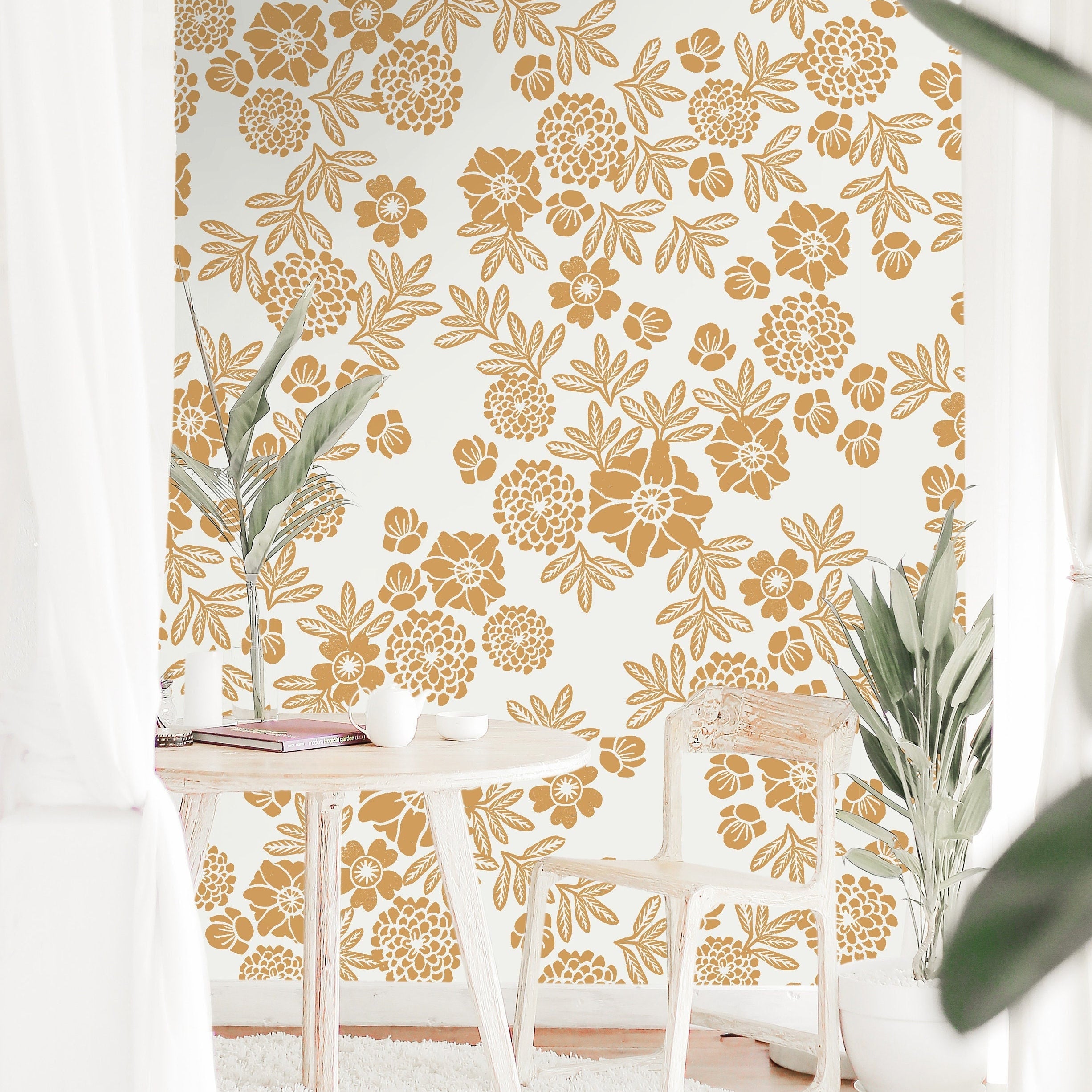 Wallpaper Peel and Stick Wallpaper Cream Floral Golden Tan Neutral Removable Wallpaper Wall Decor Home Decor Wall Art Room Decor 60 - JamesAndColors