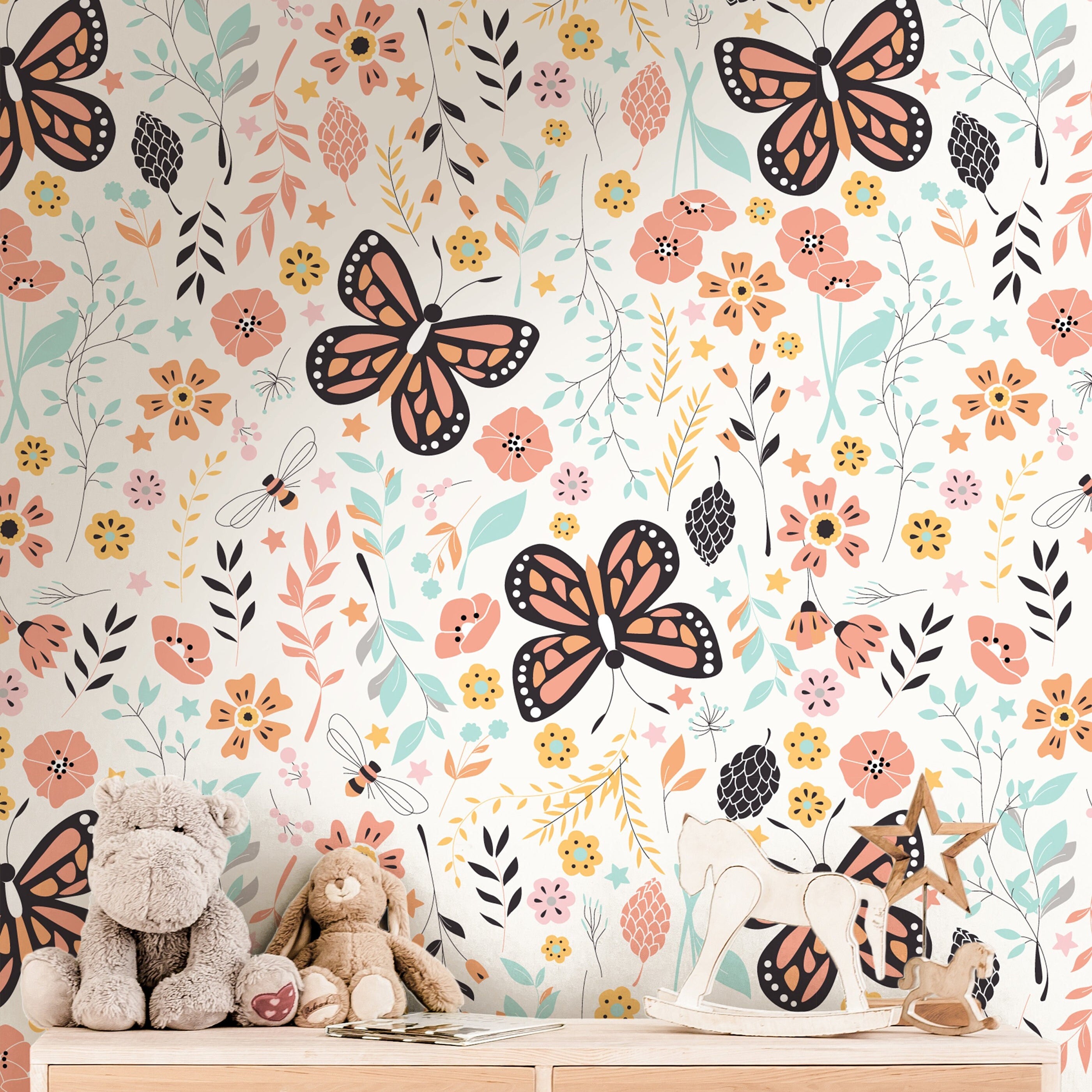 Floral Butterfly Wallpaper | Girls Nursery Wallpaper | Kids Wallpaper | Childrens Wallpaper | Peel Stick Removable Wallpaper | 3912 - JamesAndColors