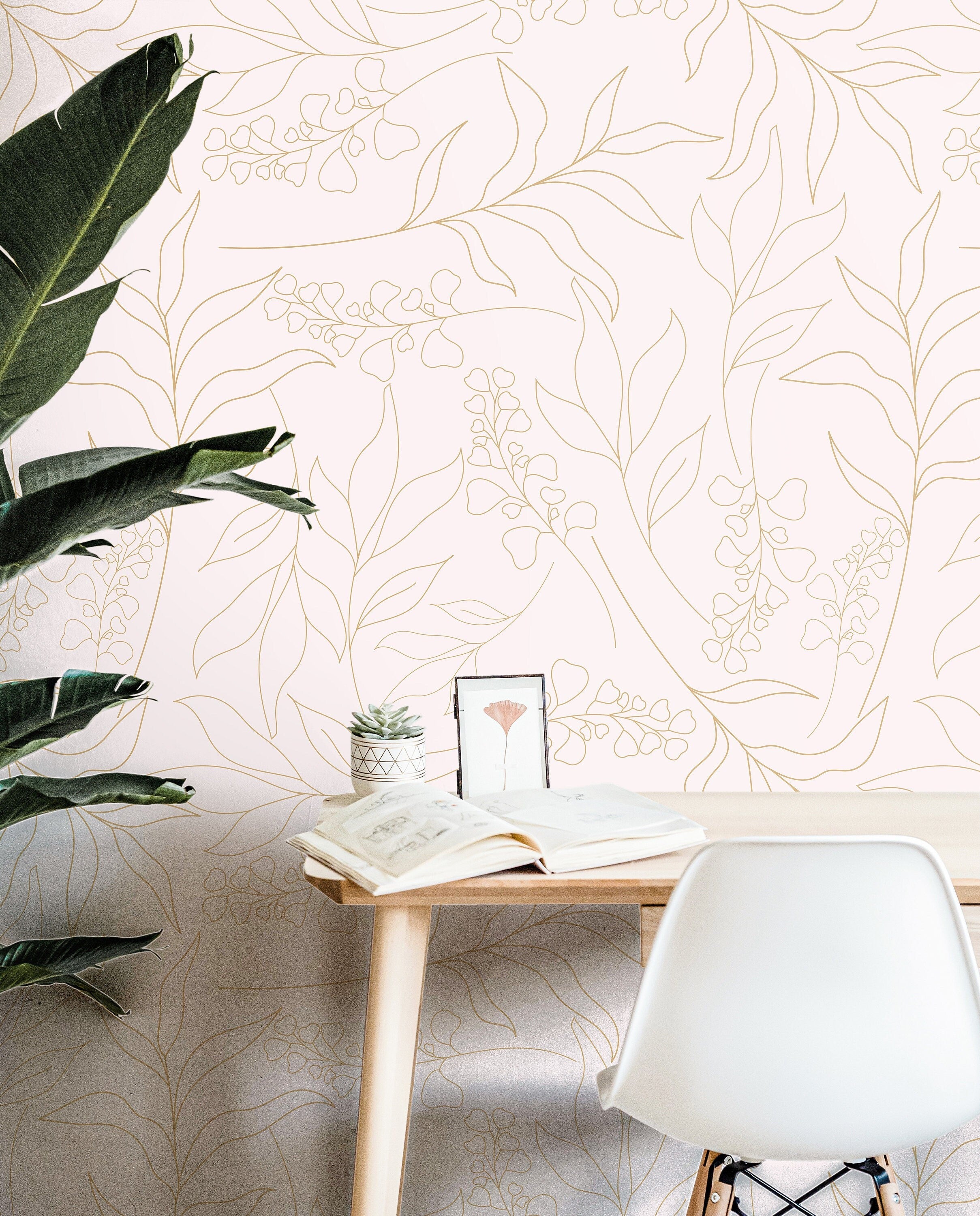 Wallpaper Peel and Stick Wallpaper Cream Floral Outline Minimalist Removable Wallpaper Wall Decor Home Decor Wall Art Room Decor 3910 - JamesAndColors