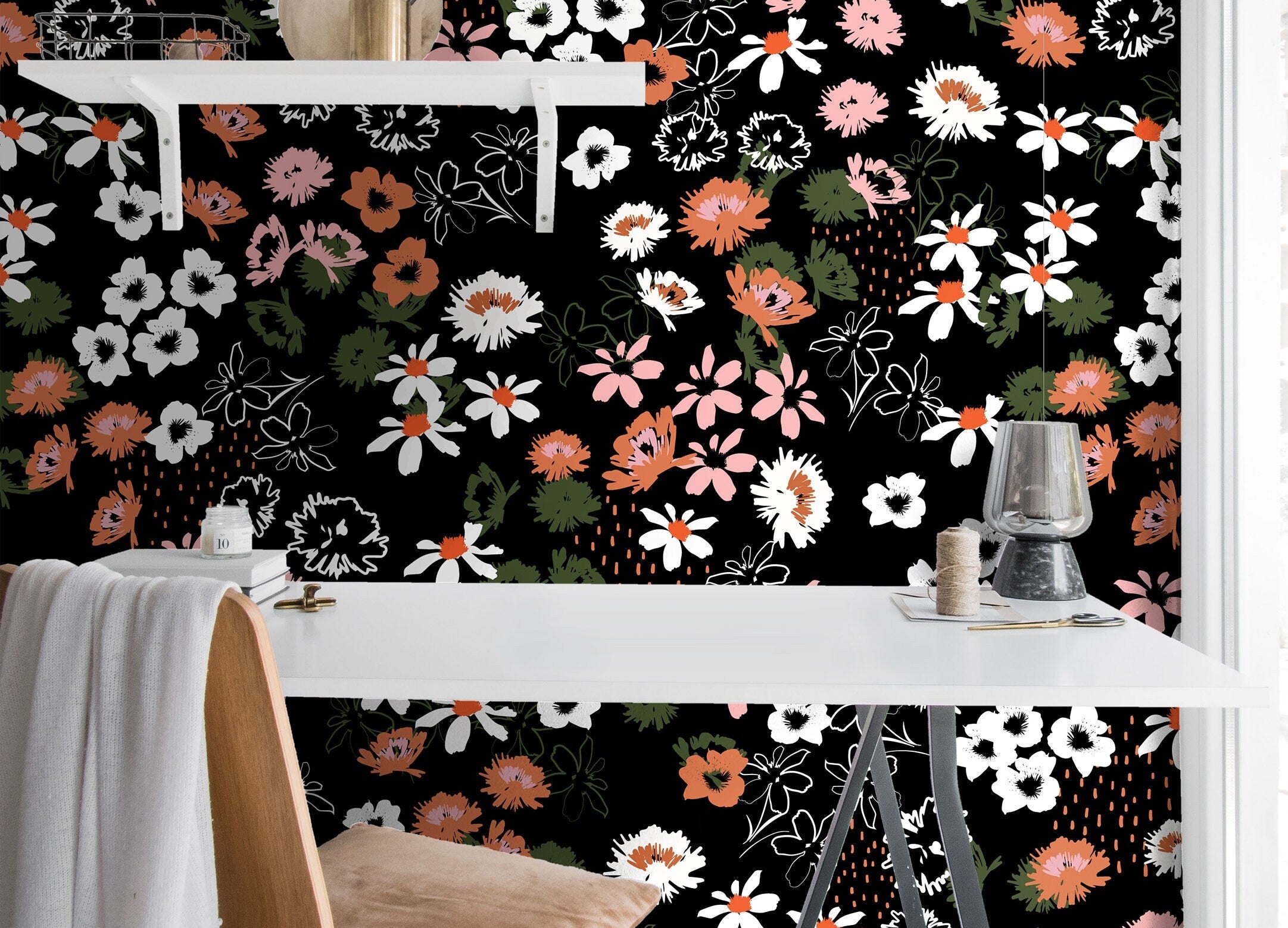 Wallpaper Peel and Stick Wallpaper Black Dark Wildflower Floral Modern Removable Wallpaper Wall Decor Home Decor Wall Art Room Decor 102 - JamesAndColors