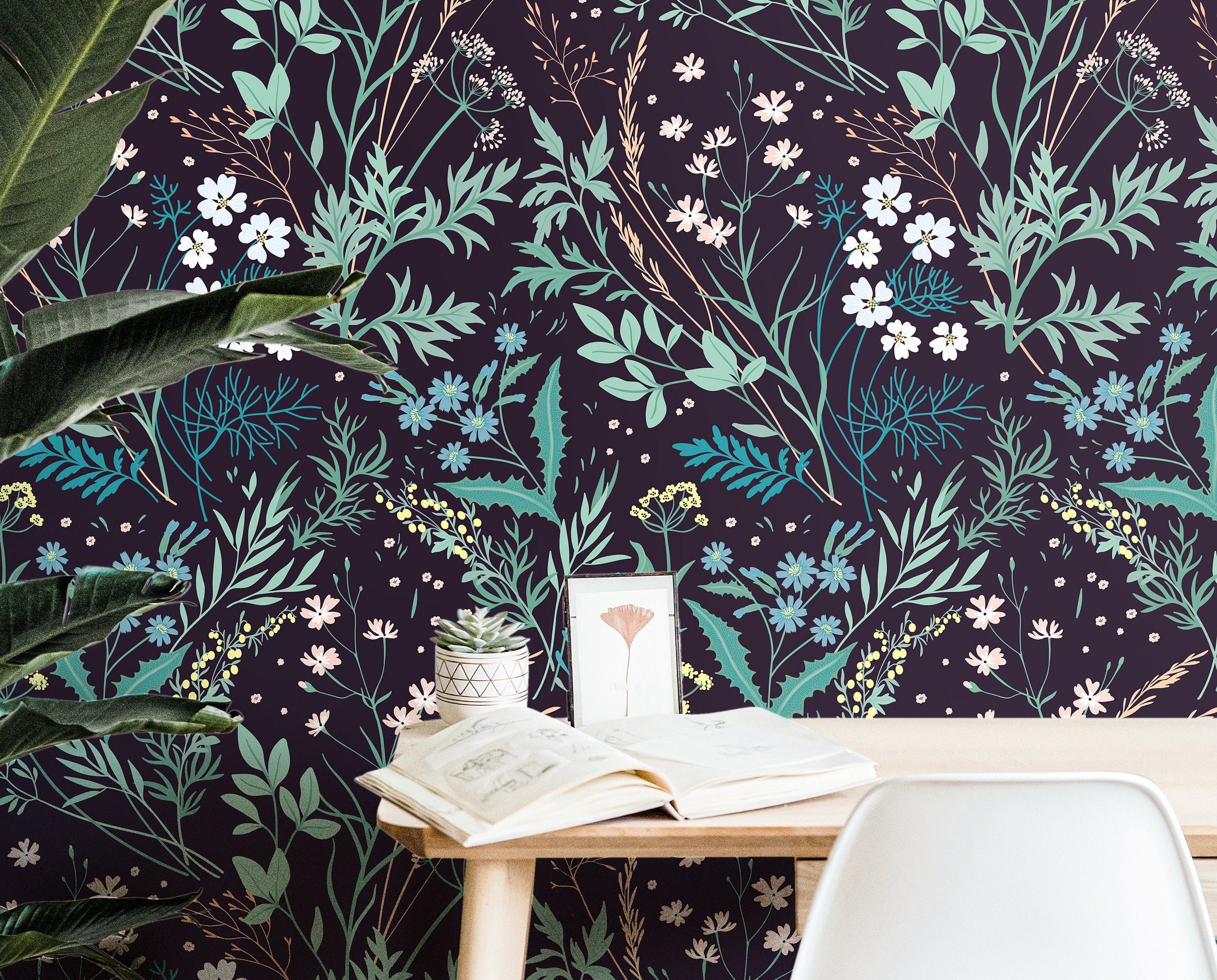 Wallpaper Peel and Stick Wallpaper Dark Wildflower Floral Modern Removable Wallpaper Wall Decor Home Decor Wall Art Room Decor 54 - JamesAndColors