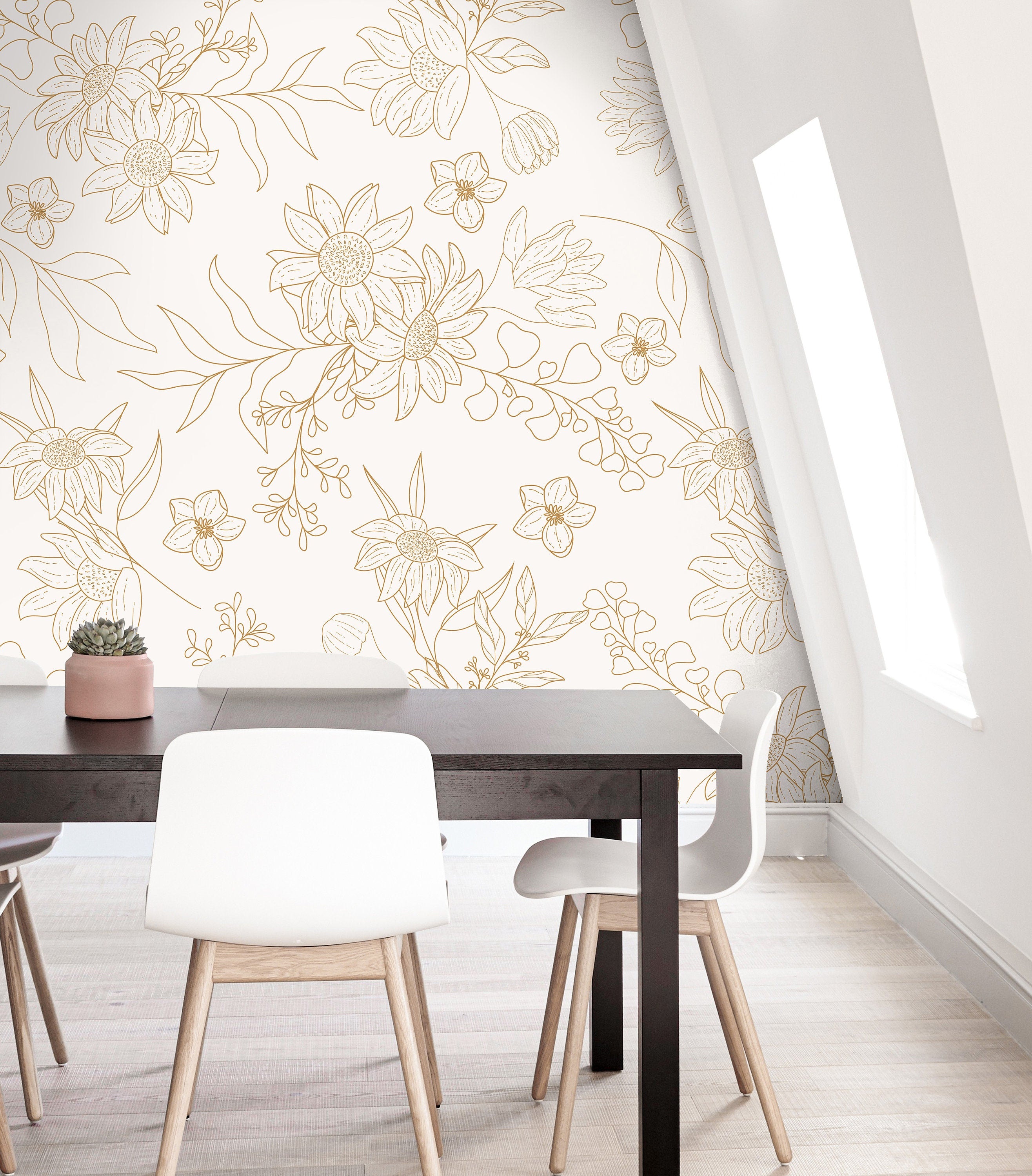 Set of 2 Panels of 24in (2ft) x 108in (9ft) Cream Floral Outline Minimalist DISCOUNTED Peel and Stick Wallpaper | 158Wallpaper Peel and Stick Wallpaper Cream Floral Outline Minimalist Removable Wallpaper 45