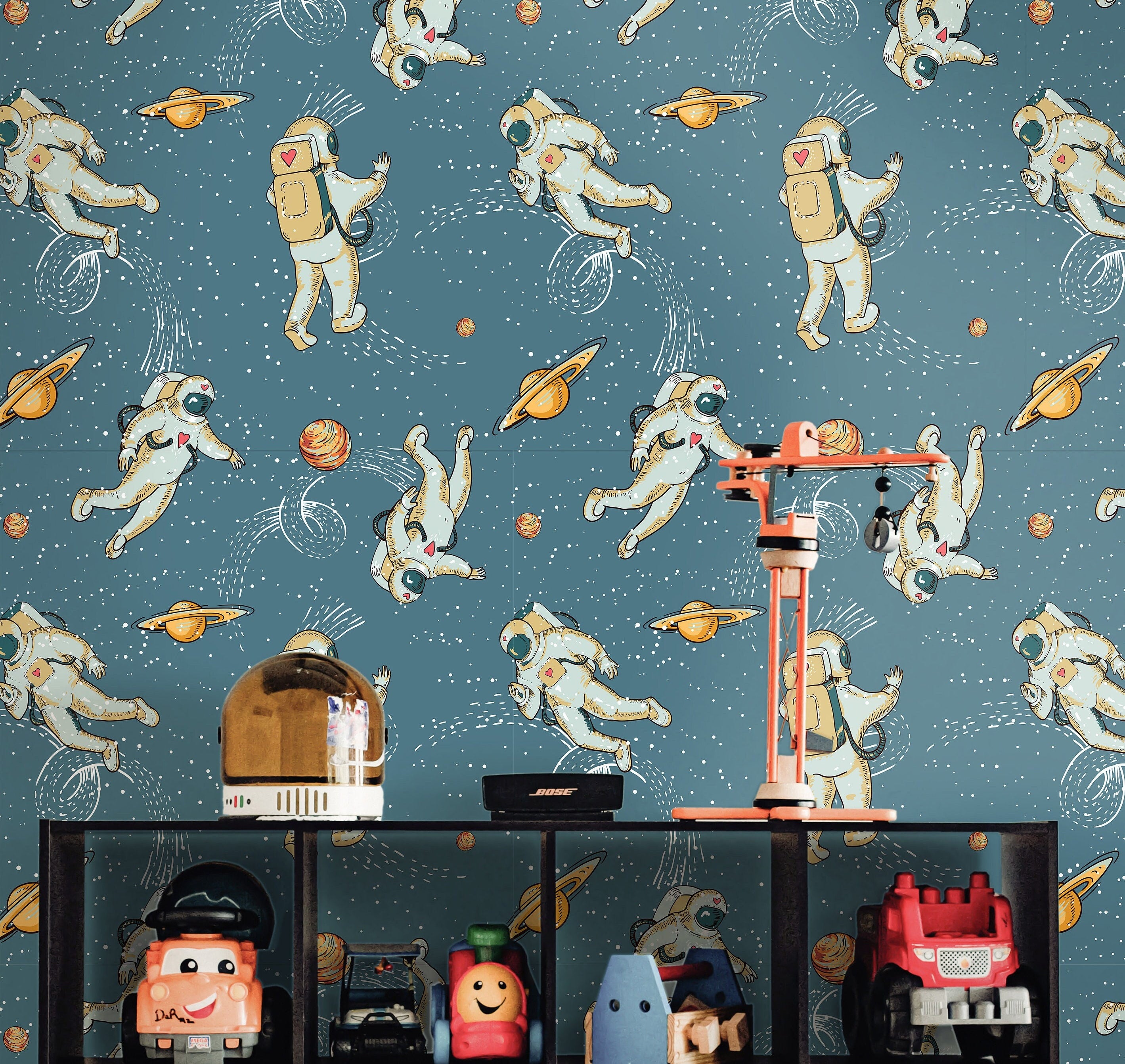 Removable Astronauts Space Wallpaper | Boys Nursery Wallpaper | Kids Wallpaper | Childrens Wallpaper | Peel Stick Wallpaper | Boys Room | 46 - JamesAndColors