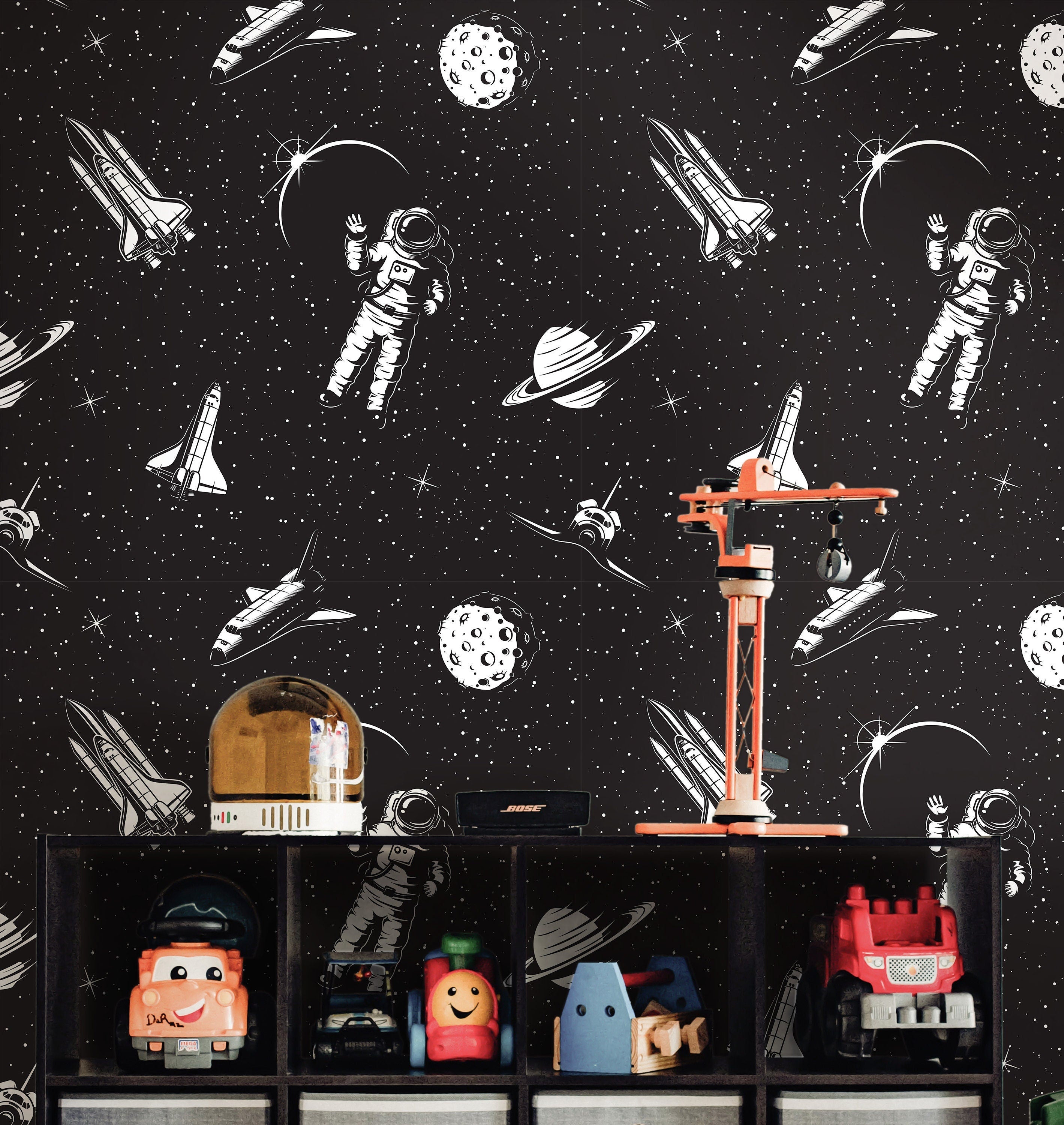 Removable Astronauts Space Wallpaper | Boys Nursery Wallpaper | Kids Wallpaper | Childrens Wallpaper | Peel Stick Wallpaper | Boys Room | 49 - JamesAndColors