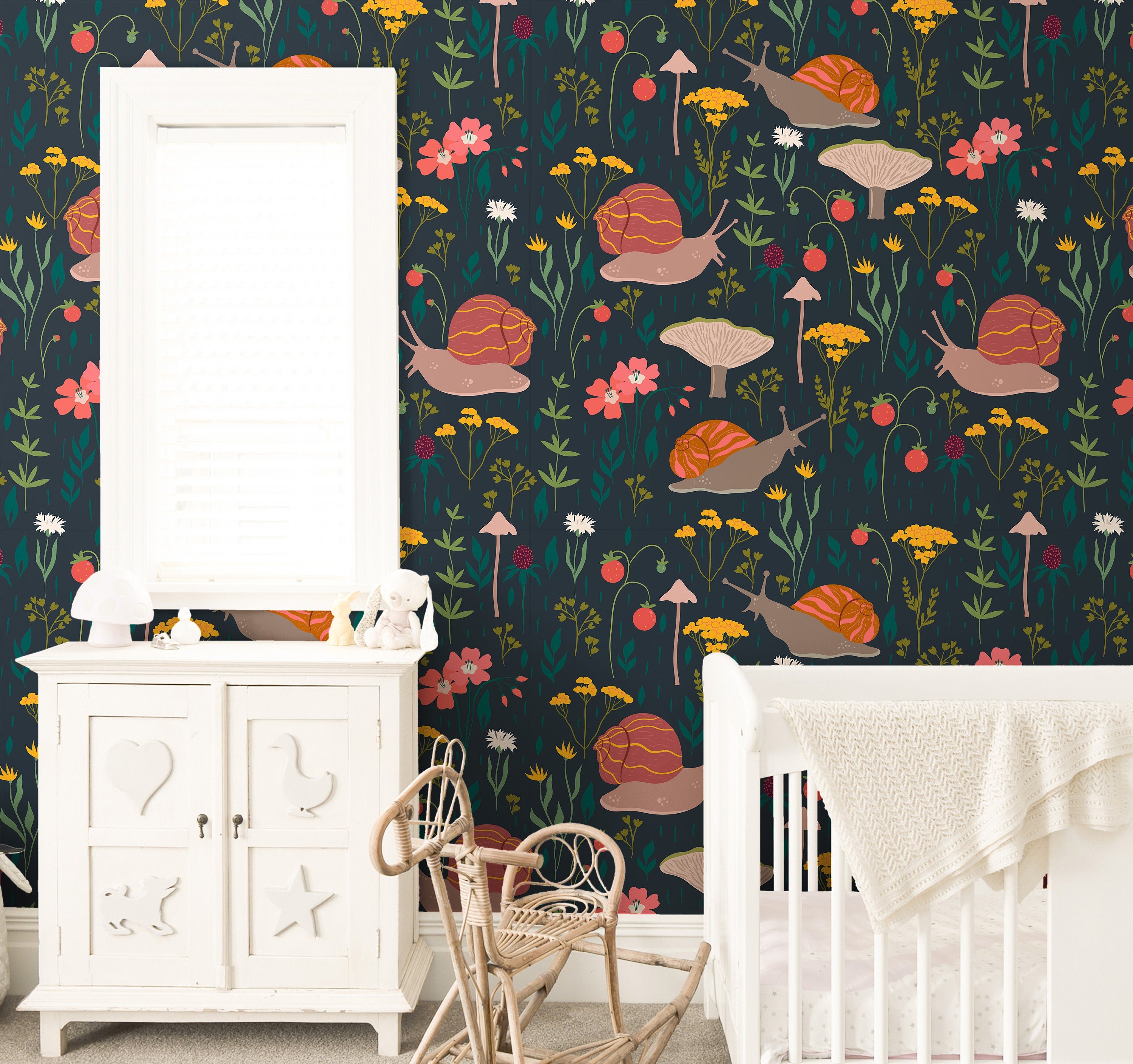Snails Garden Floral Girls Wallpaper | Girls Nursery Wallpaper | Kids Wallpaper | Childrens Wallpaper | Peel Stick Removable Wallpaper | 47 - JamesAndColors