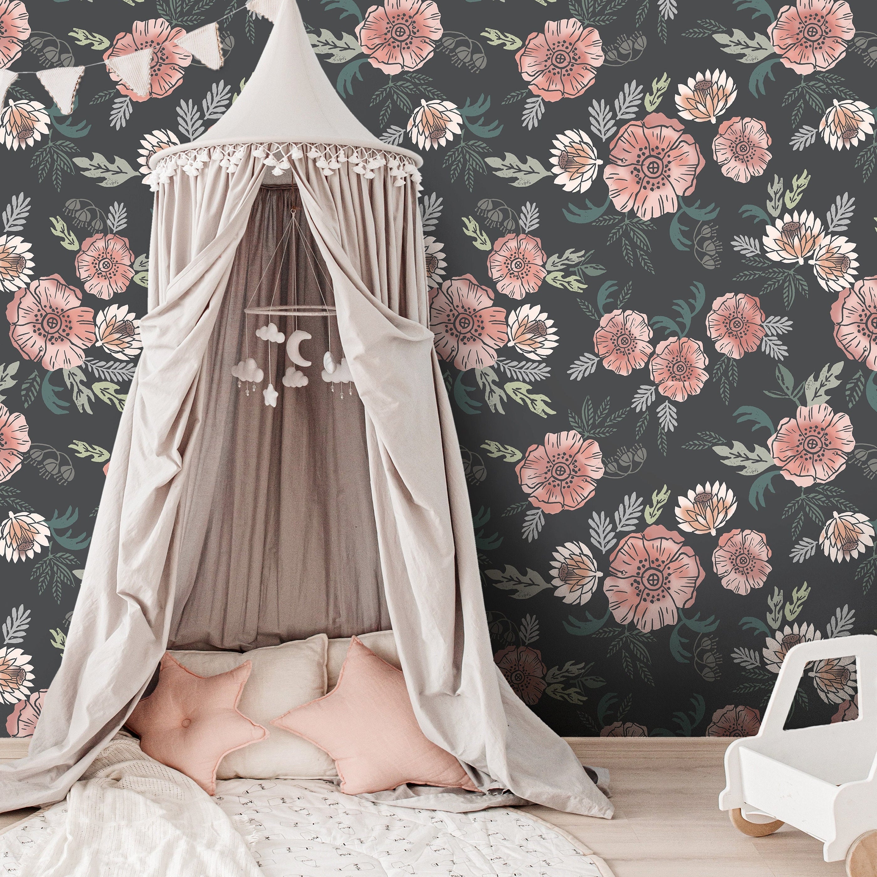 Vintage Dark Floral Girls Wallpaper | Girls Nursery Wallpaper | Kids Wallpaper | Childrens Wallpaper | Peel Stick Removable Wallpaper | 59 - JamesAndColors