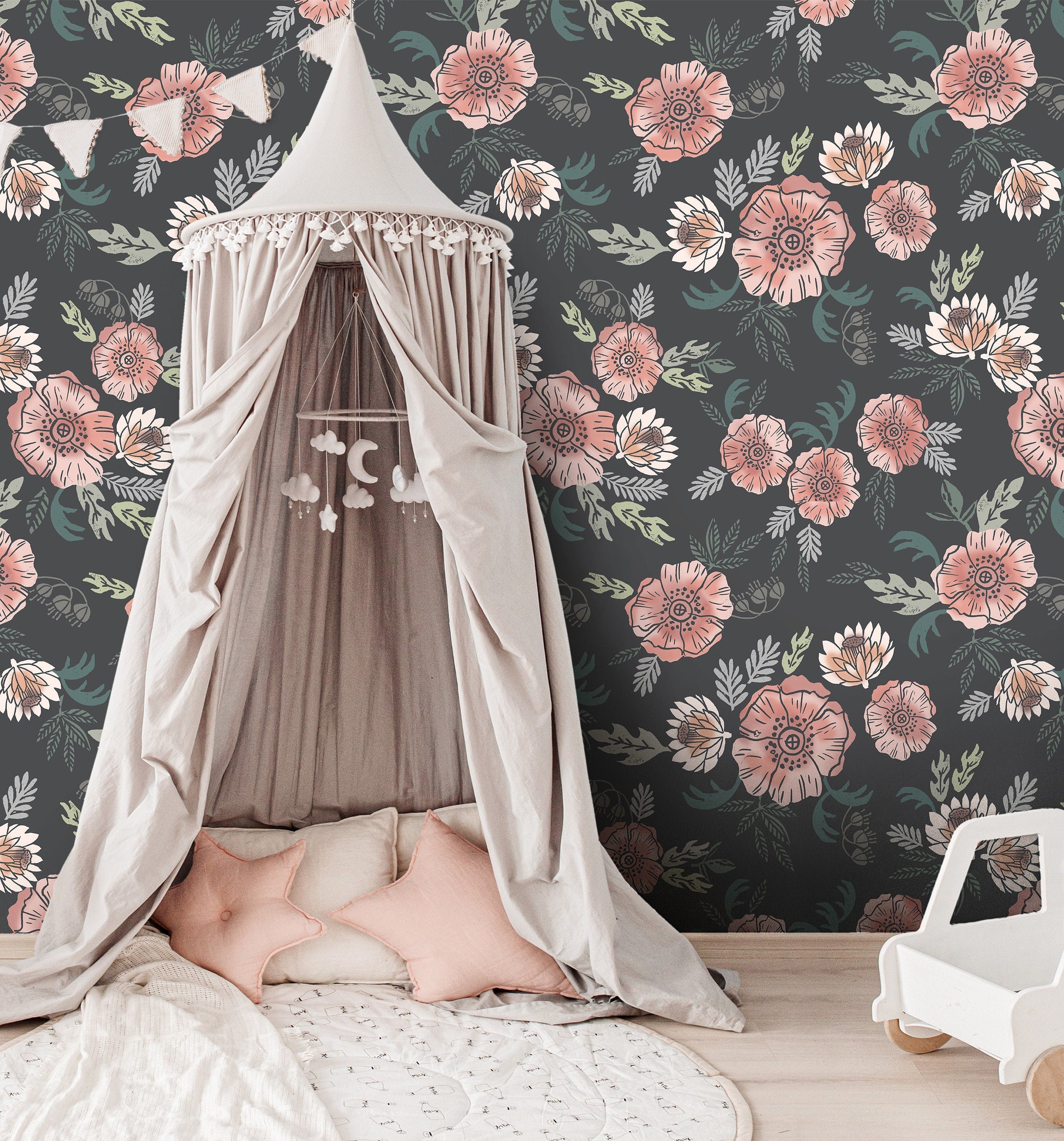 Vintage Dark Floral Girls Wallpaper | Girls Nursery Wallpaper | Kids Wallpaper | Childrens Wallpaper | Peel Stick Removable Wallpaper | 59 - JamesAndColors