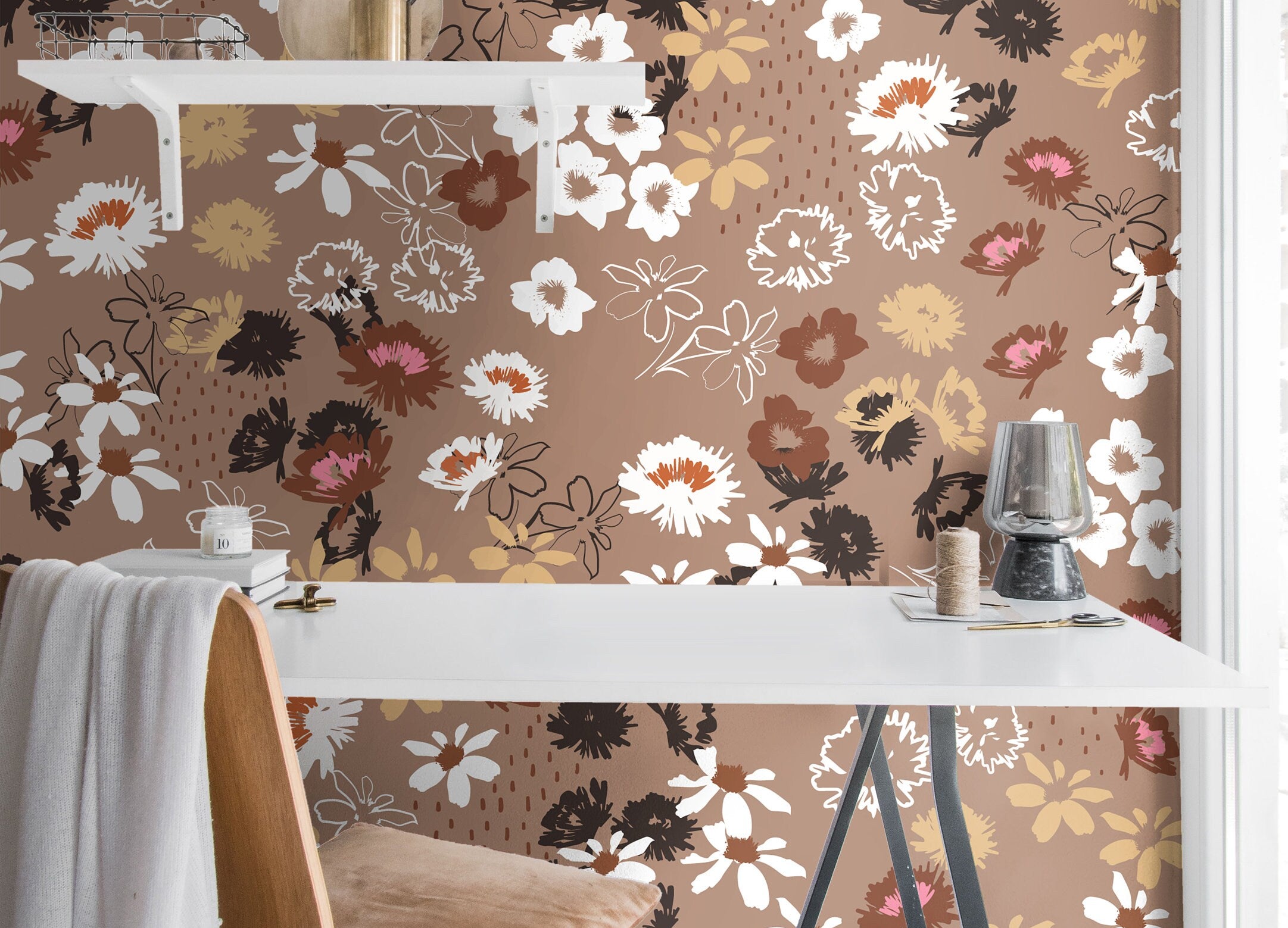 Wallpaper Peel and Stick Wallpaper Tan Wildflower Floral Modern Removable Wallpaper Wall Decor Home Decor Wall Art Room Decor 105 - JamesAndColors
