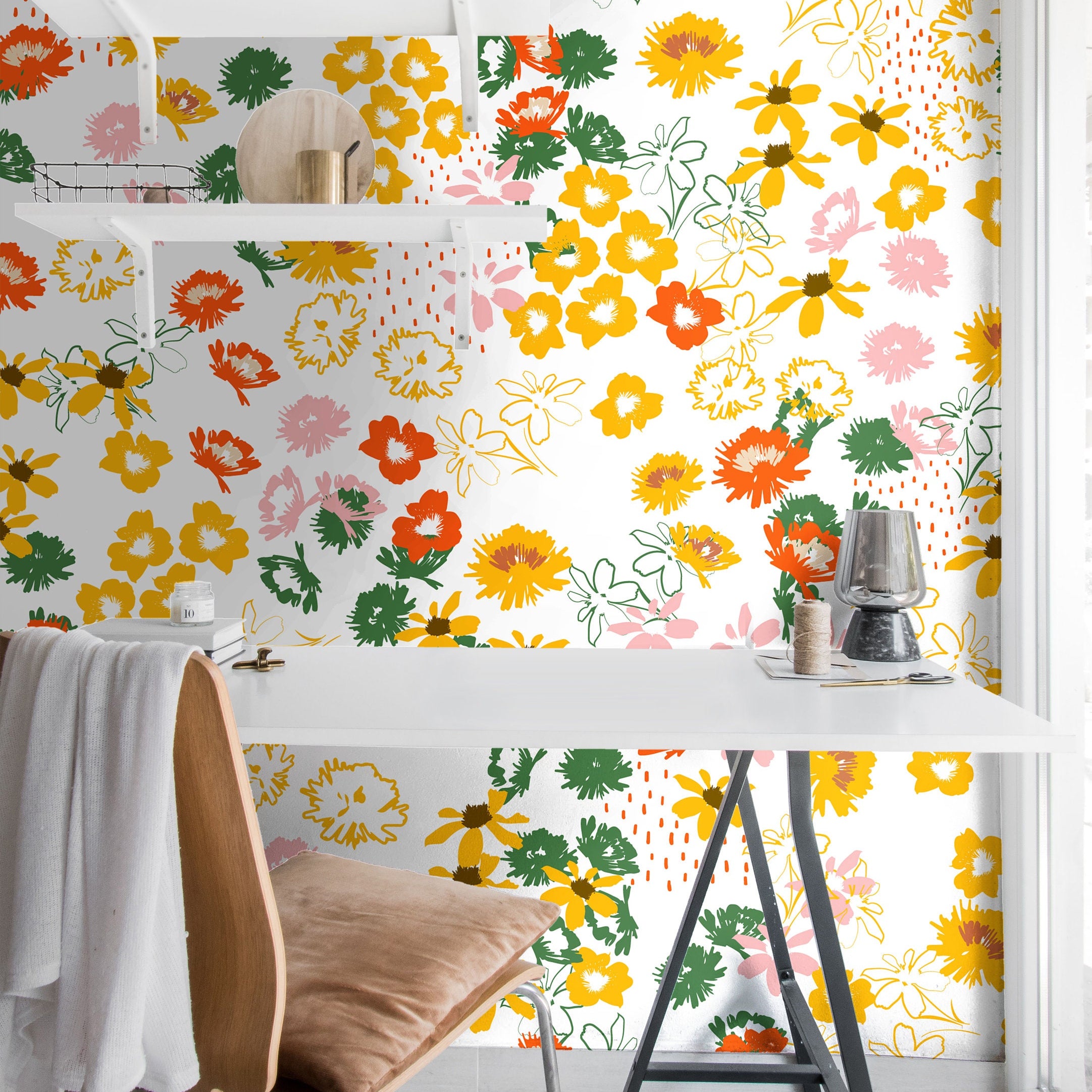 Yellow Wildflowers Wallpaper Peel and Stick Wallpaper Removable Wallpaper Wall Decor Home Decor Wall Art Printable Wall Art Room Decor 106 - JamesAndColors