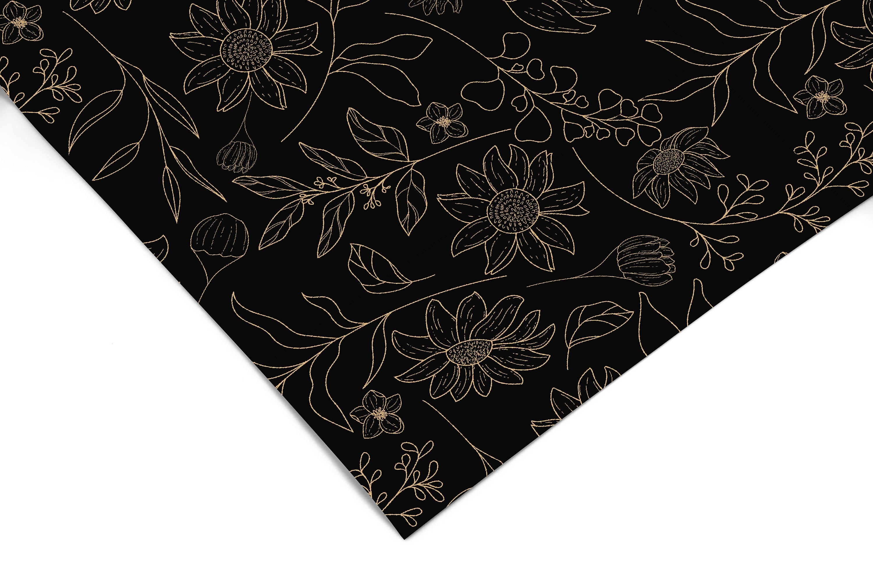 Contact Paper Golden Black Floral | Peel And Stick Wallpaper | Removable Wallpaper | Shelf Liner | Drawer Liner | Peel and Stick Paper 1193