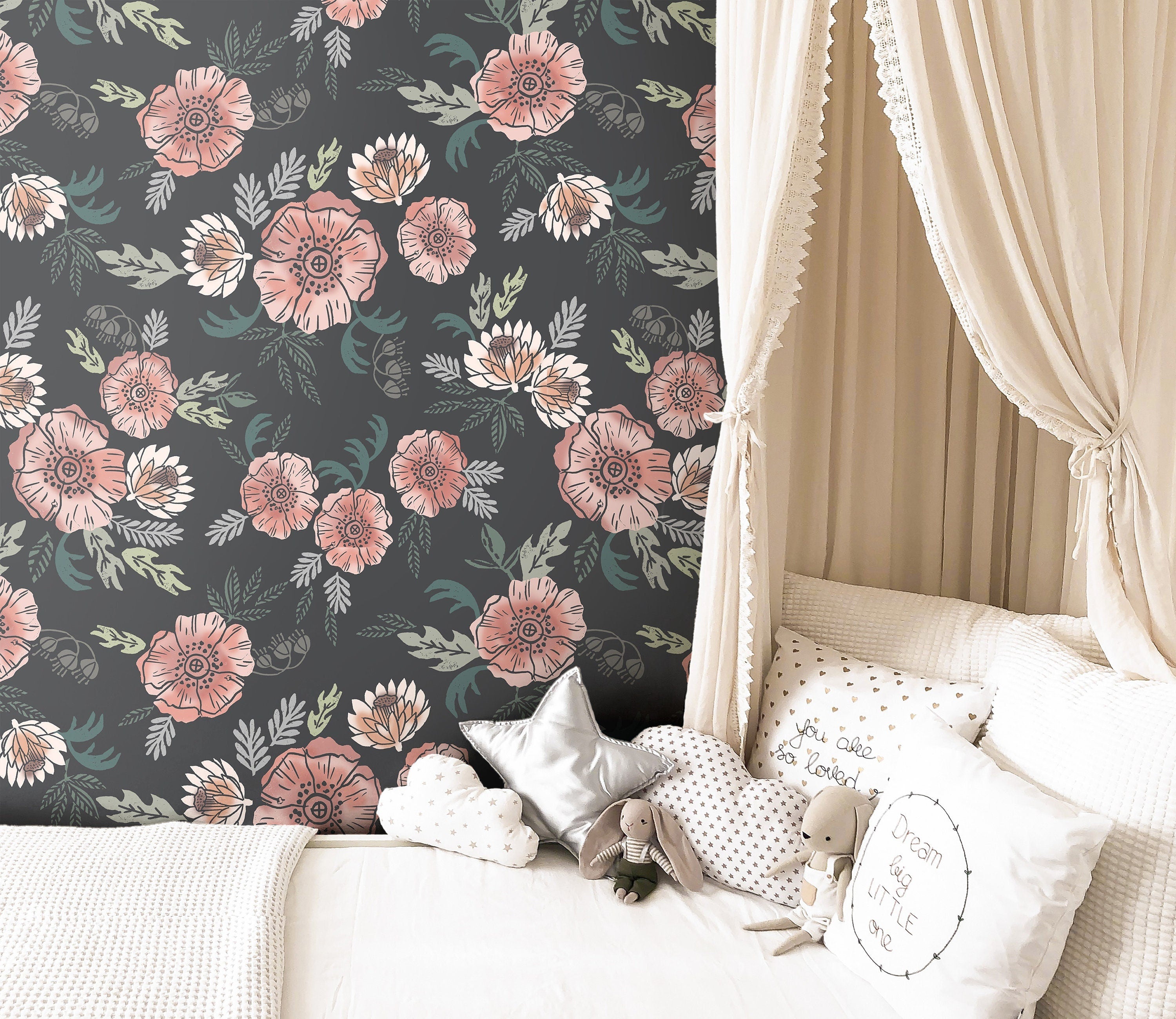 Vintage Dark Floral Girls Wallpaper | Girls Nursery Wallpaper | Kids Wallpaper | Childrens Wallpaper | Peel Stick Removable Wallpaper | 59 - JamesAndColors