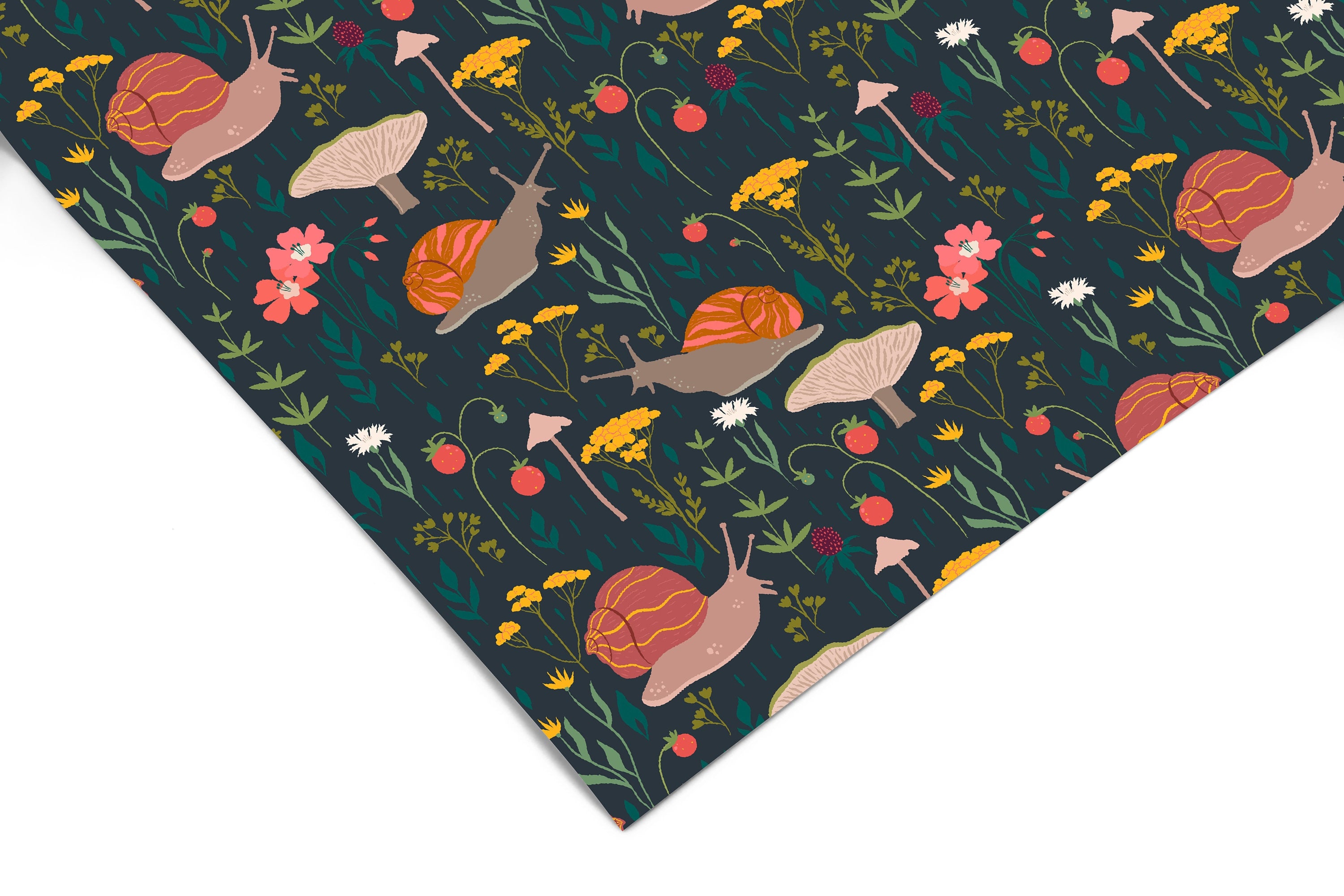 Contact Paper 1194: Whimsical contact paper featuring orange snails, mushrooms, wildflowers, and strawberries on a dark forest green background.