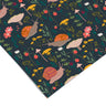 Contact Paper 1194: Whimsical contact paper featuring orange snails, mushrooms, wildflowers, and strawberries on a dark forest green background.