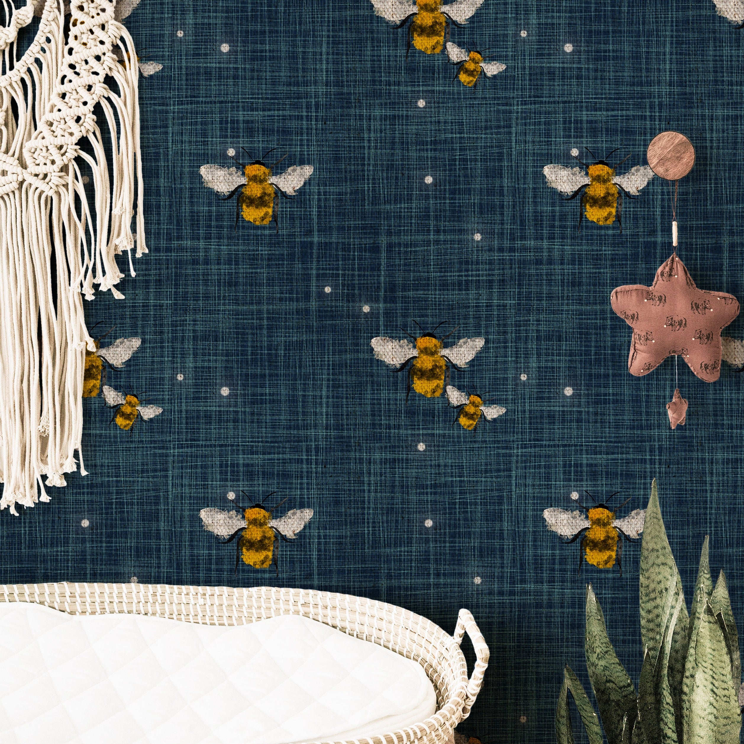 Bumble Bee Denim Wallpaper | Girls Nursery Wallpaper | Kids Wallpaper | Childrens Wallpaper | Peel Stick Removable Wallpaper | 133 - JamesAndColors