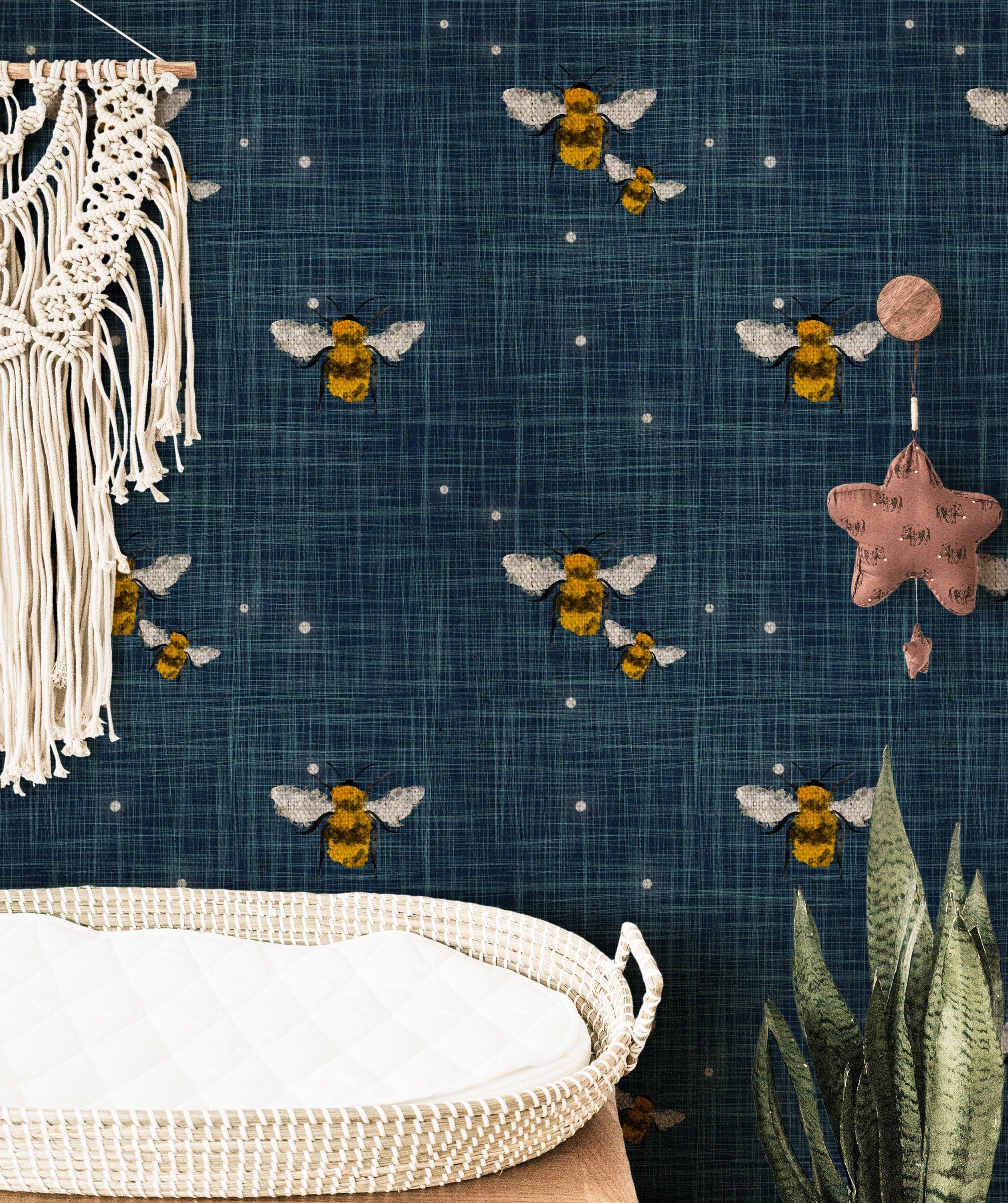 Bumble Bee Denim Wallpaper | Girls Nursery Wallpaper | Kids Wallpaper | Childrens Wallpaper | Peel Stick Removable Wallpaper | 133 - JamesAndColors