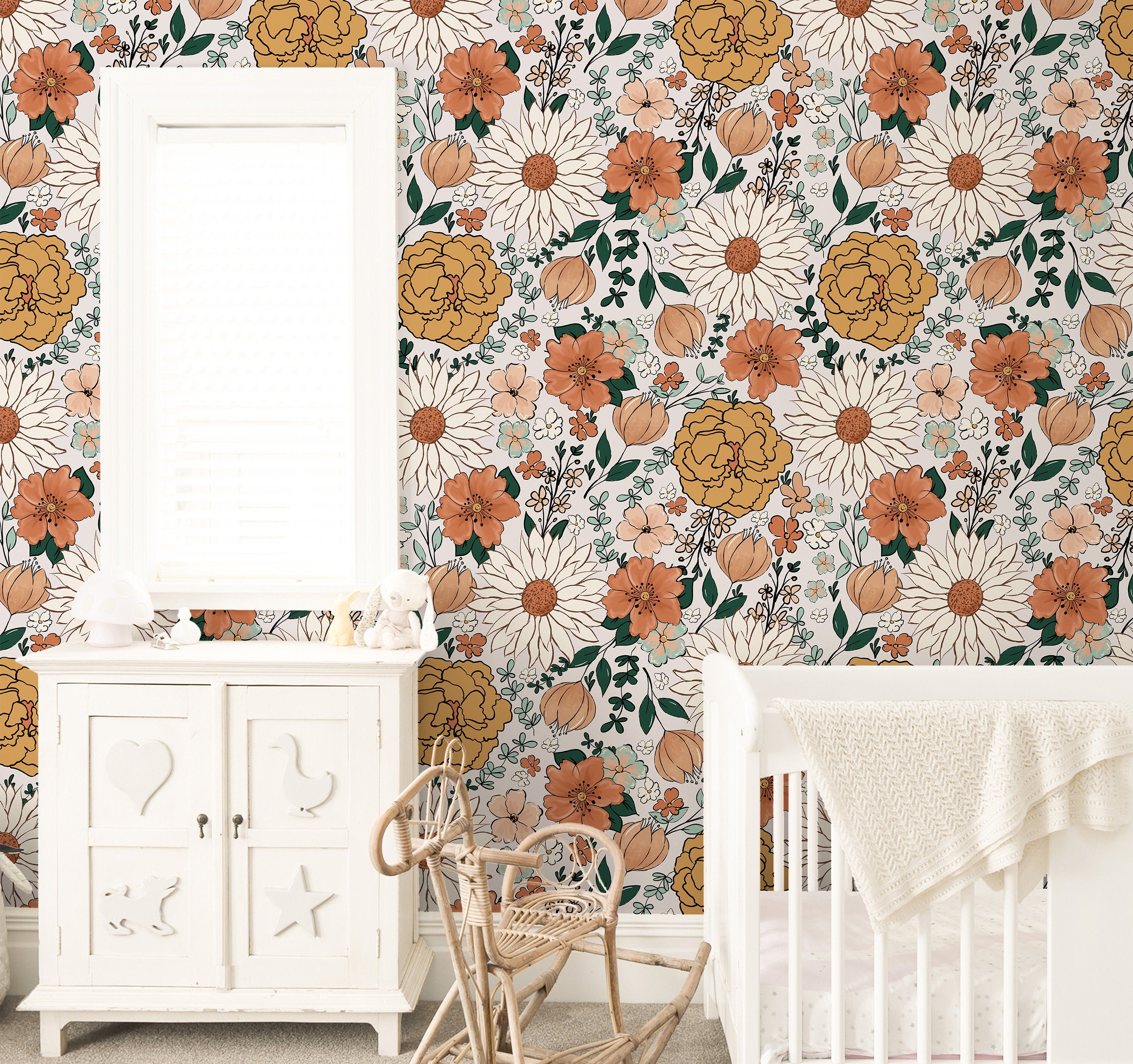 Vintage Cream Floral Wallpaper | Girls Nursery Wallpaper | Kids Wallpaper | Childrens Wallpaper | Peel Stick Removable Wallpaper | 135 - JamesAndColors