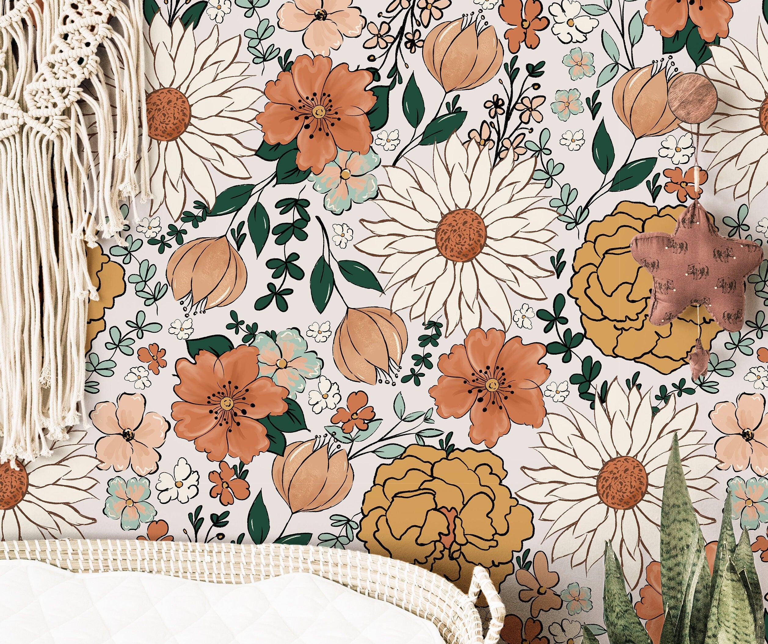 Wallpaper 135: A charming floral wallpaper featuring hand-drawn wildflowers in warm earth tones, including sunflowers, peonies, and daisies. This cozy boho wallpaper is perfect for nurseries, bedrooms, and farmhouse-style interiors.