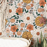 Wallpaper 135: A charming floral wallpaper featuring hand-drawn wildflowers in warm earth tones, including sunflowers, peonies, and daisies. This cozy boho wallpaper is perfect for nurseries, bedrooms, and farmhouse-style interiors.
