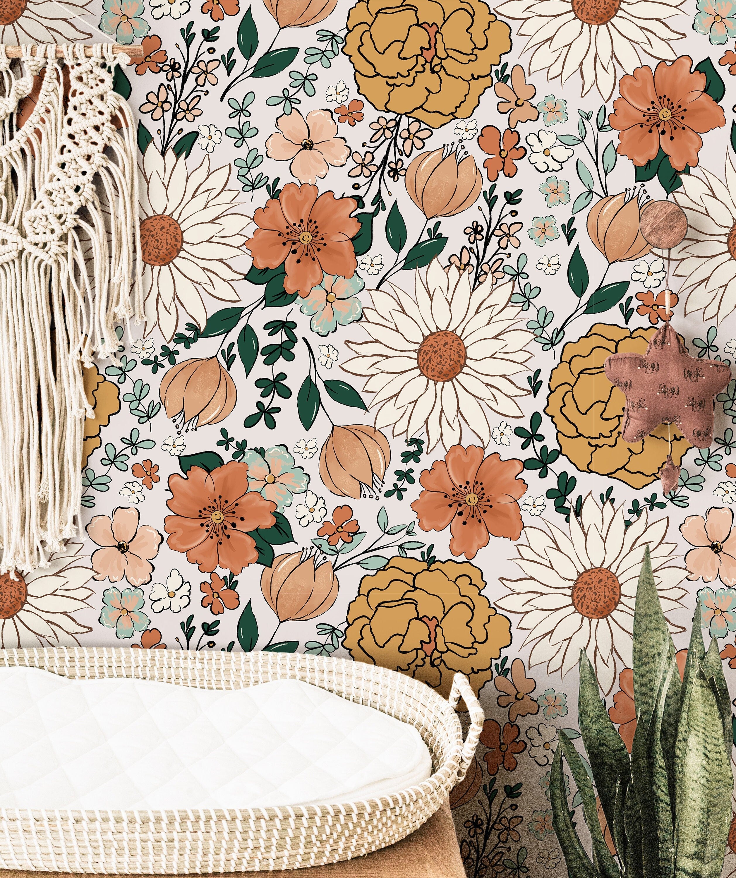 Wallpaper 135: A charming floral wallpaper featuring hand-drawn wildflowers in warm earth tones, including sunflowers, peonies, and daisies. This cozy boho wallpaper is perfect for nurseries, bedrooms, and farmhouse-style interiors.