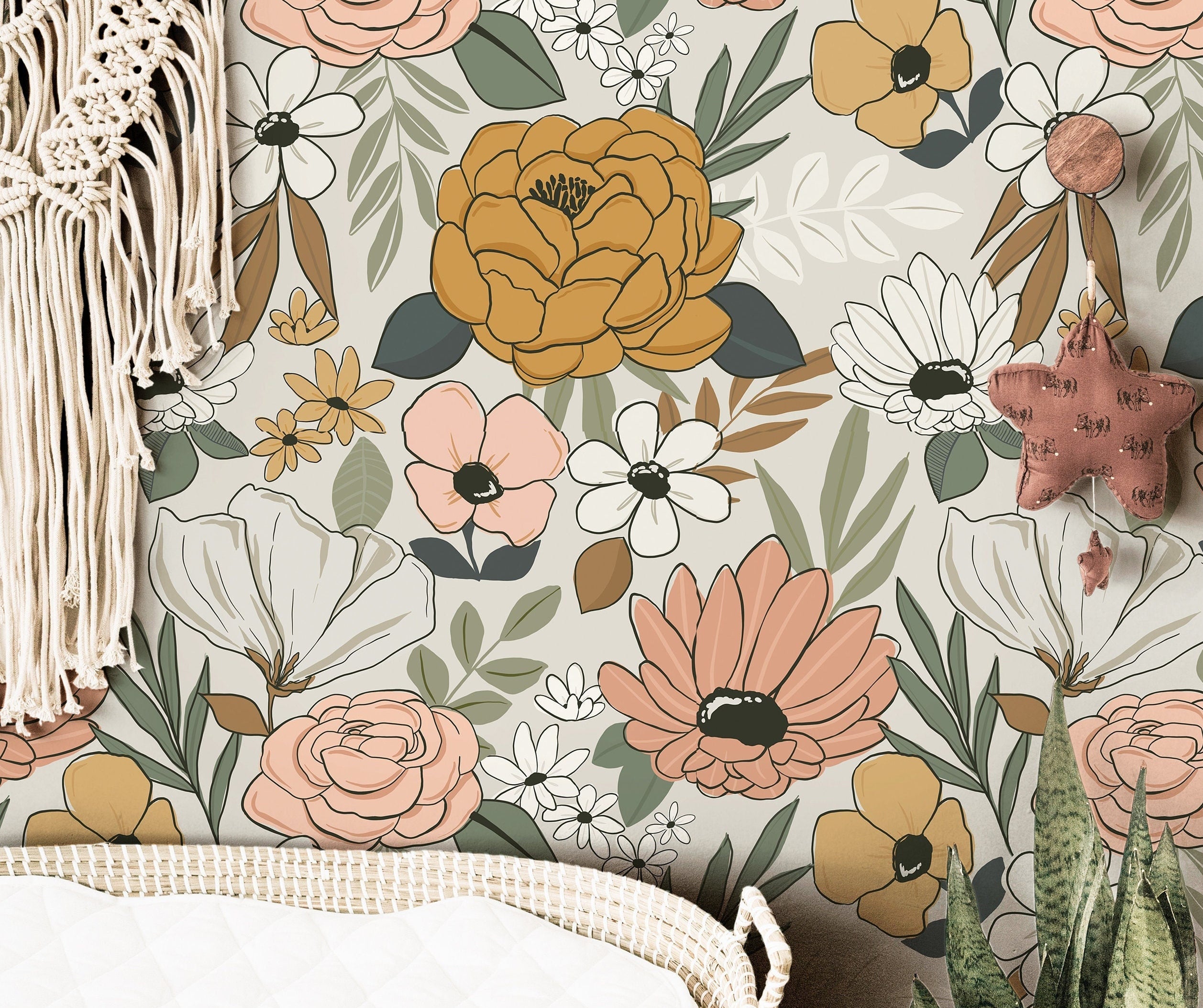Vintage Cream Floral Wallpaper | Girls Nursery Wallpaper | Kids Wallpaper | Childrens Wallpaper | Peel Stick Removable Wallpaper | 135 - JamesAndColors