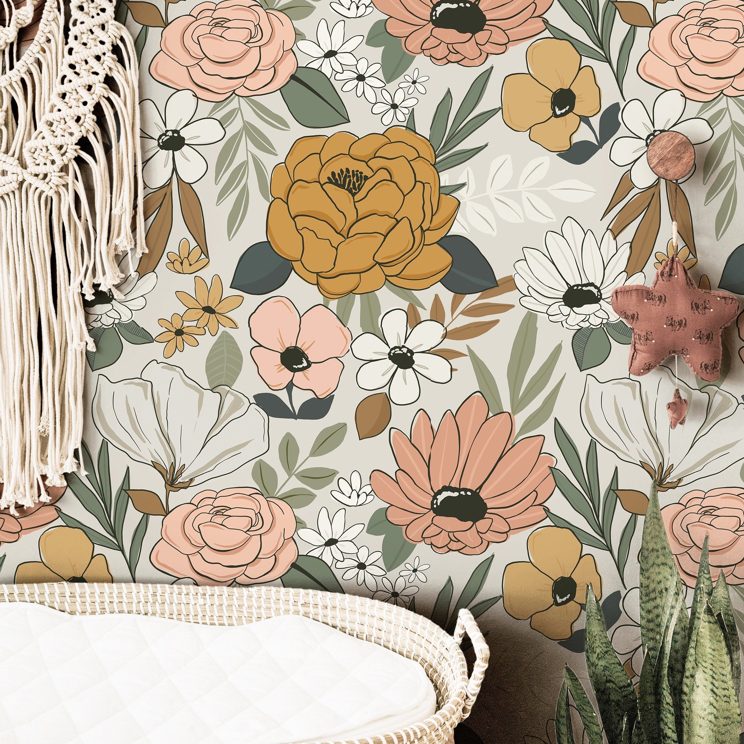 Vintage Cream Floral Wallpaper | Girls Nursery Wallpaper | Kids Wallpaper | Childrens Wallpaper | Peel Stick Removable Wallpaper | 135 - JamesAndColors