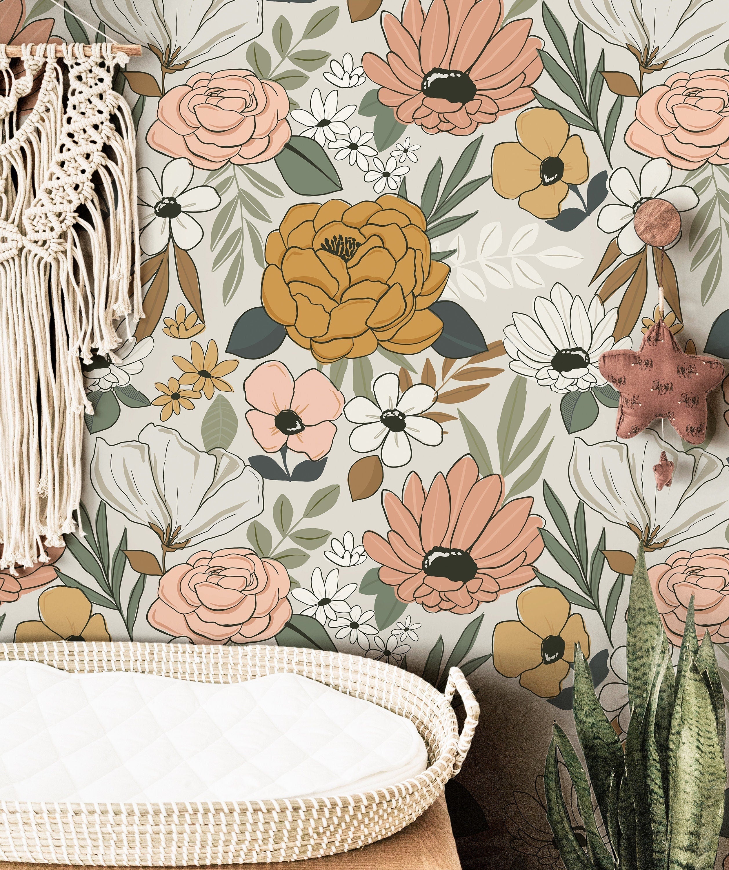 Vintage Cream Floral Wallpaper | Girls Nursery Wallpaper | Kids Wallpaper | Childrens Wallpaper | Peel Stick Removable Wallpaper | 135 - JamesAndColors