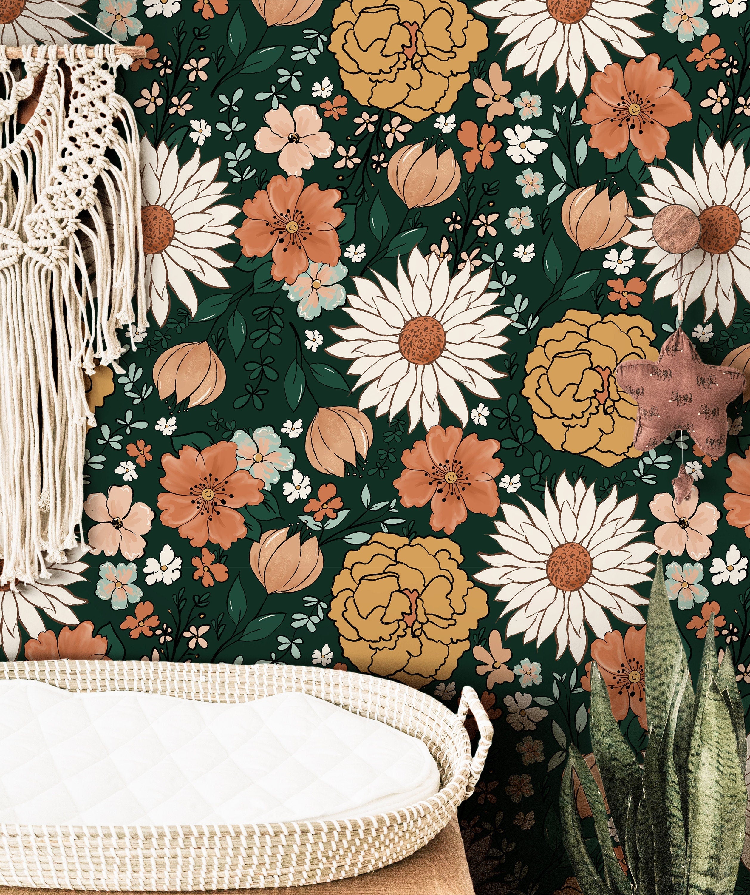 Vintage Floral Dark Green Wallpaper | Girls Nursery Wallpaper | Kids Wallpaper | Childrens Wallpaper | Peel Stick Removable Wallpaper | 137 - JamesAndColors