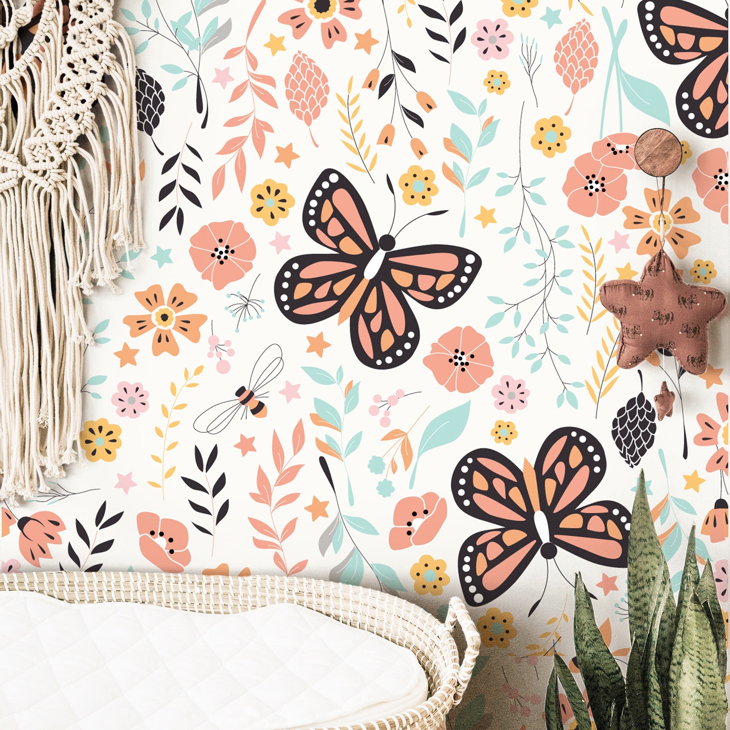 Floral Butterfly Wallpaper | Girls Nursery Wallpaper | Kids Wallpaper | Childrens Wallpaper | Peel Stick Removable Wallpaper | 3912 - JamesAndColors