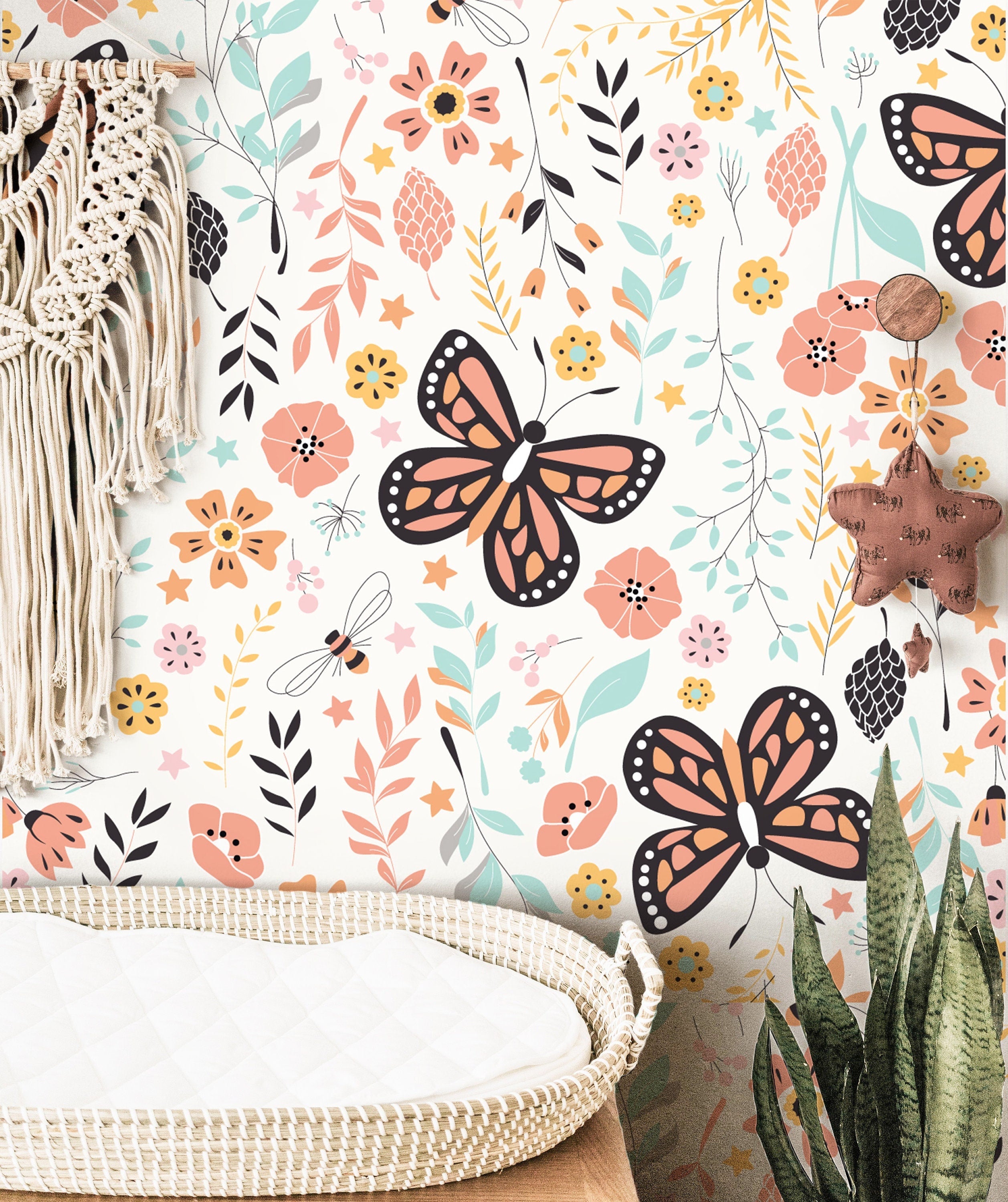 Floral Butterfly Wallpaper | Girls Nursery Wallpaper | Kids Wallpaper | Childrens Wallpaper | Peel Stick Removable Wallpaper | 3912 - JamesAndColors