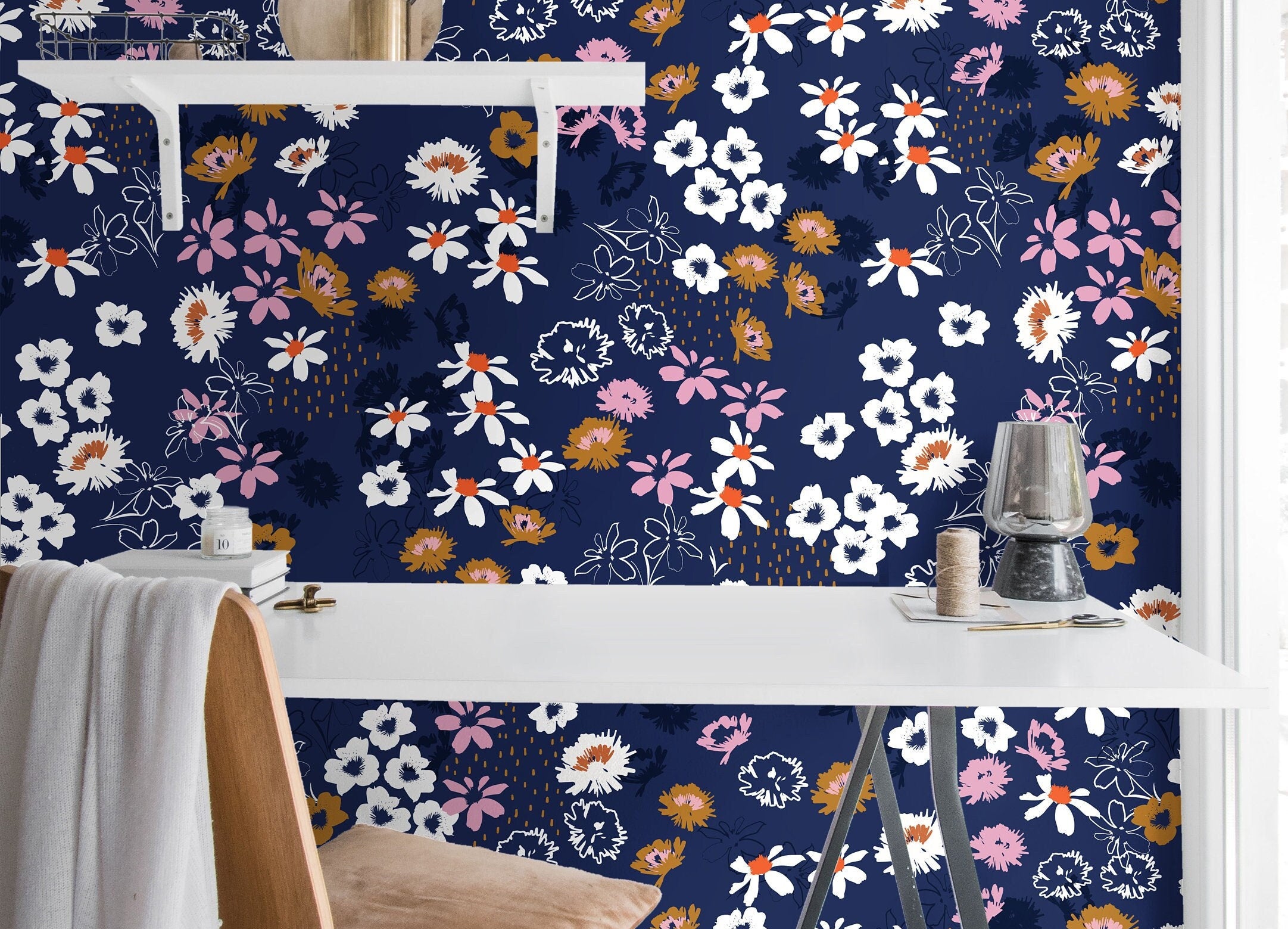 Wallpaper Peel and Stick Wallpaper Dark Blue Wildflower Floral Modern Removable Wallpaper Wall Decor Home Decor Wall Art Room Decor 96 - JamesAndColors