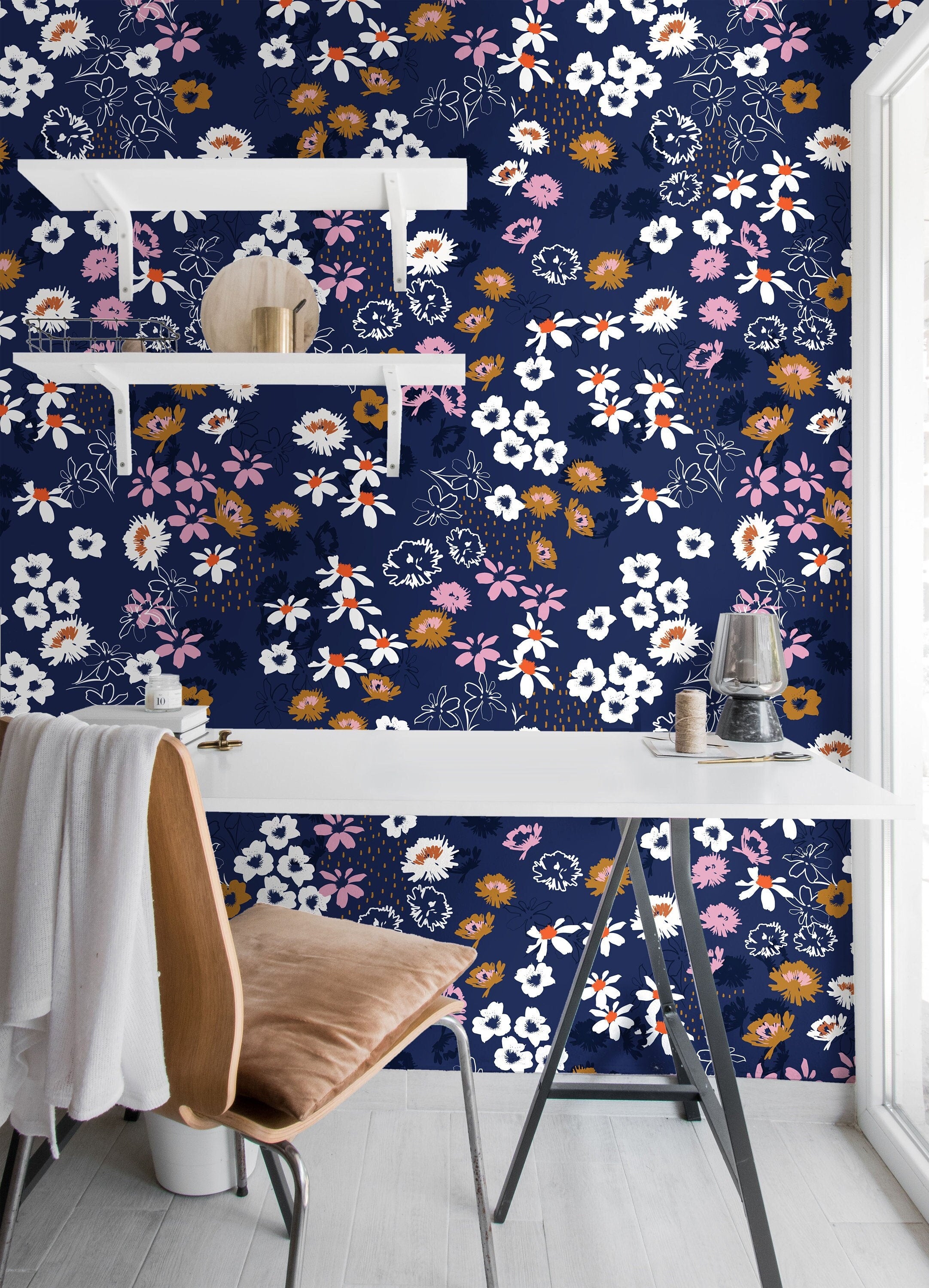 Wallpaper Peel and Stick Wallpaper Dark Blue Wildflower Floral Modern Removable Wallpaper Wall Decor Home Decor Wall Art Room Decor 96 - JamesAndColors