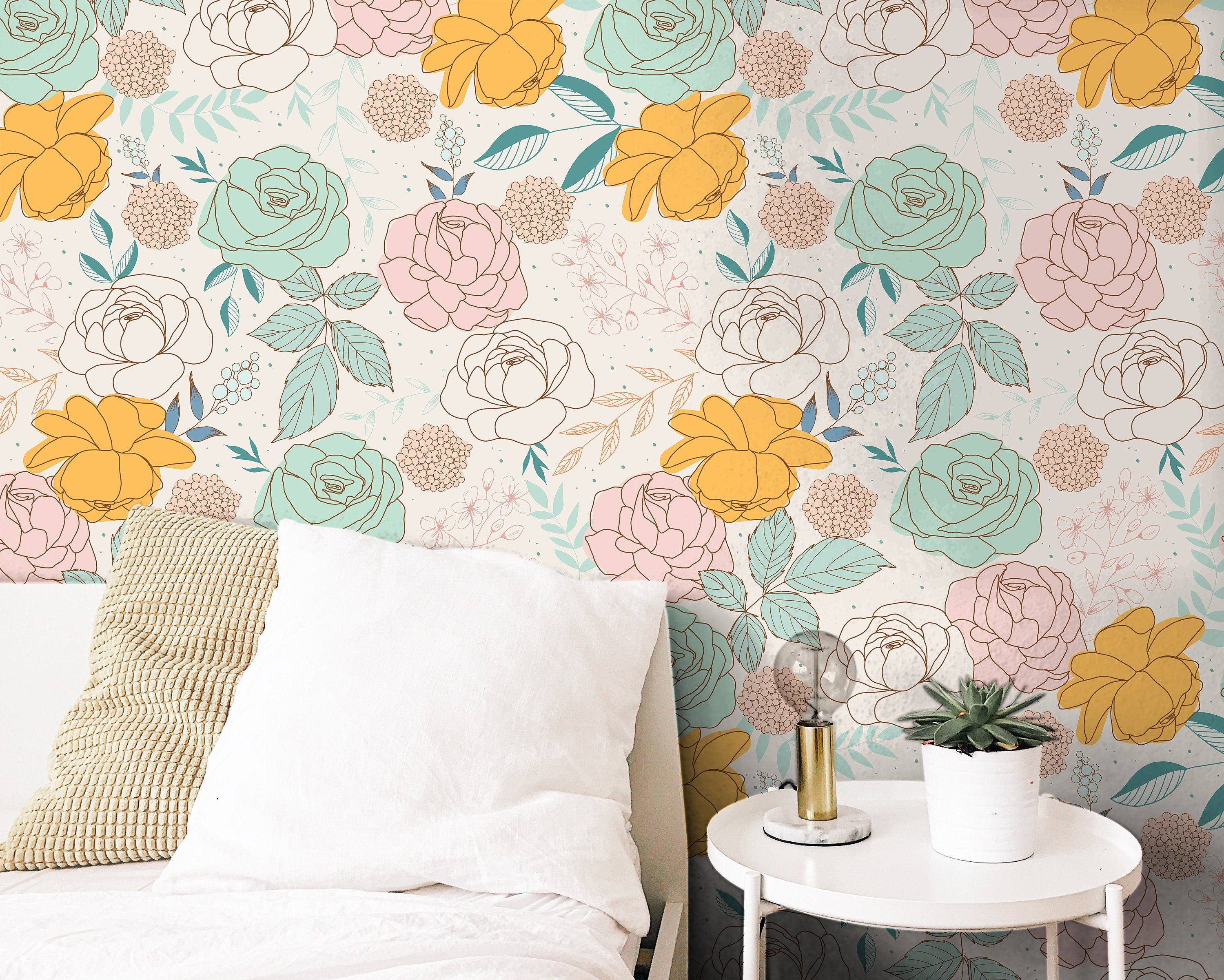 Mint And Pink Rose Wallpaper Peel and Stick Wallpaper Removable Wallpaper Wall Decor Home Decor Wall Art Printable Wall Art Room Decor 158 - JamesAndColors