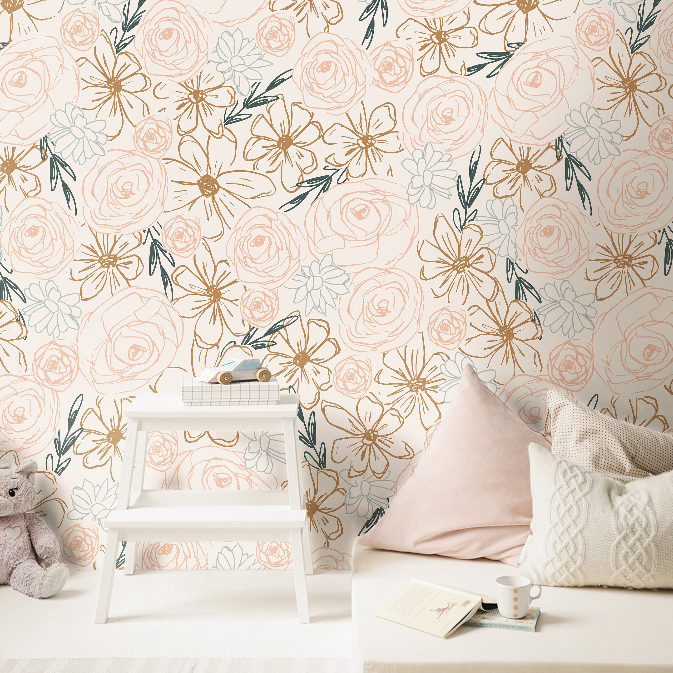 Neutral Floral Outline Wallpaper | Girls Nursery Wallpaper | Kids Wallpaper | Childrens Wallpaper | Peel Stick Removable Wallpaper | 162 - JamesAndColors