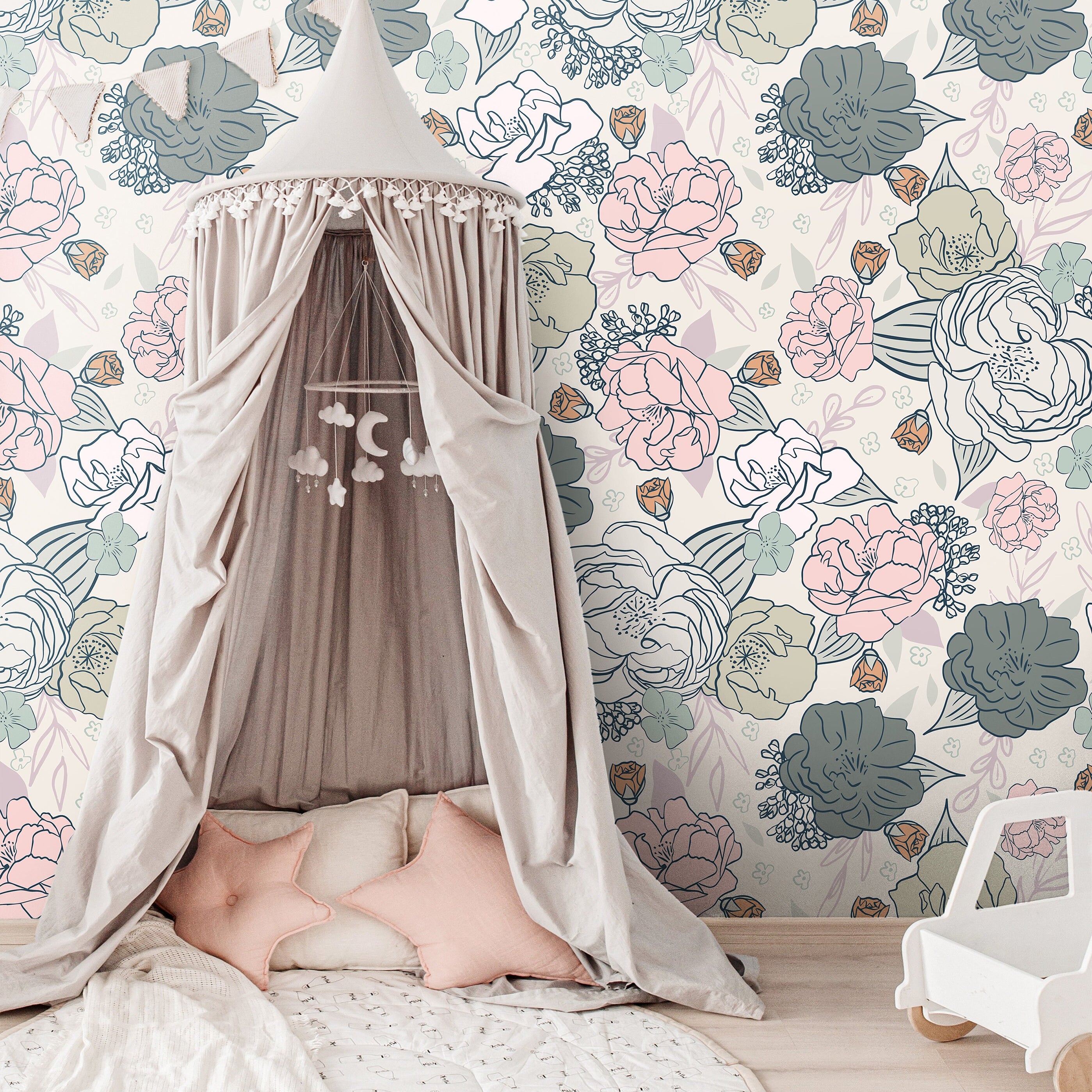 Blue Pink Gray Floral Rose Wallpaper | Girls Nursery Wallpaper | Kids Wallpaper | Childrens Wallpaper | Peel Stick Removable Wallpaper | 163 - JamesAndColors