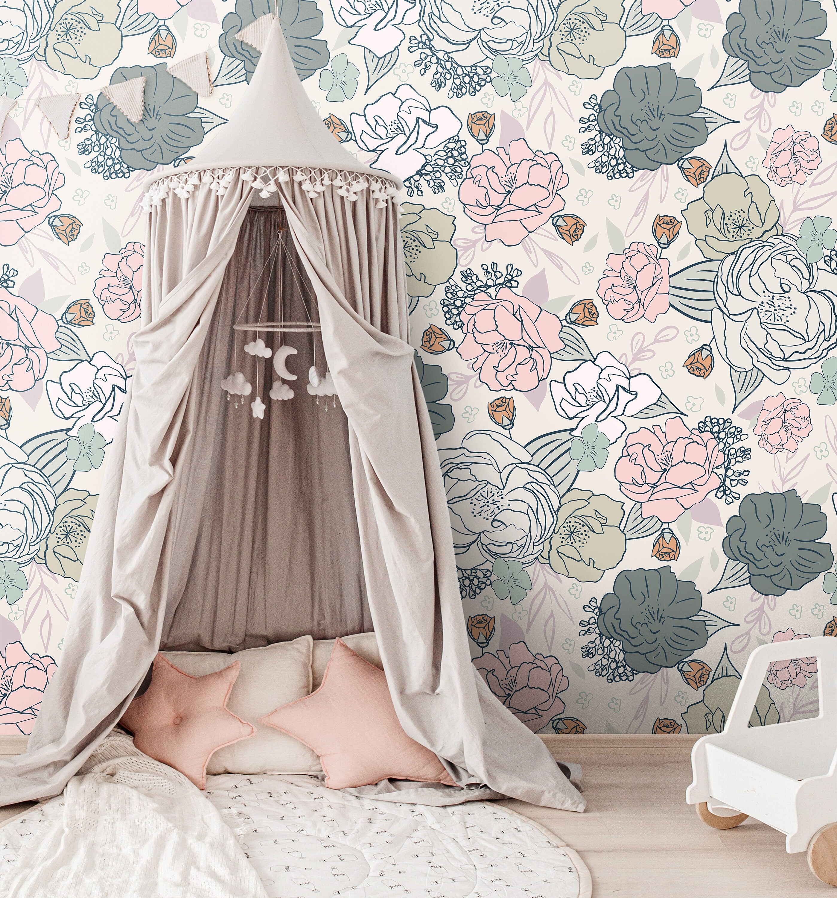 Blue Pink Gray Floral Rose Wallpaper | Girls Nursery Wallpaper | Kids Wallpaper | Childrens Wallpaper | Peel Stick Removable Wallpaper | 163 - JamesAndColors