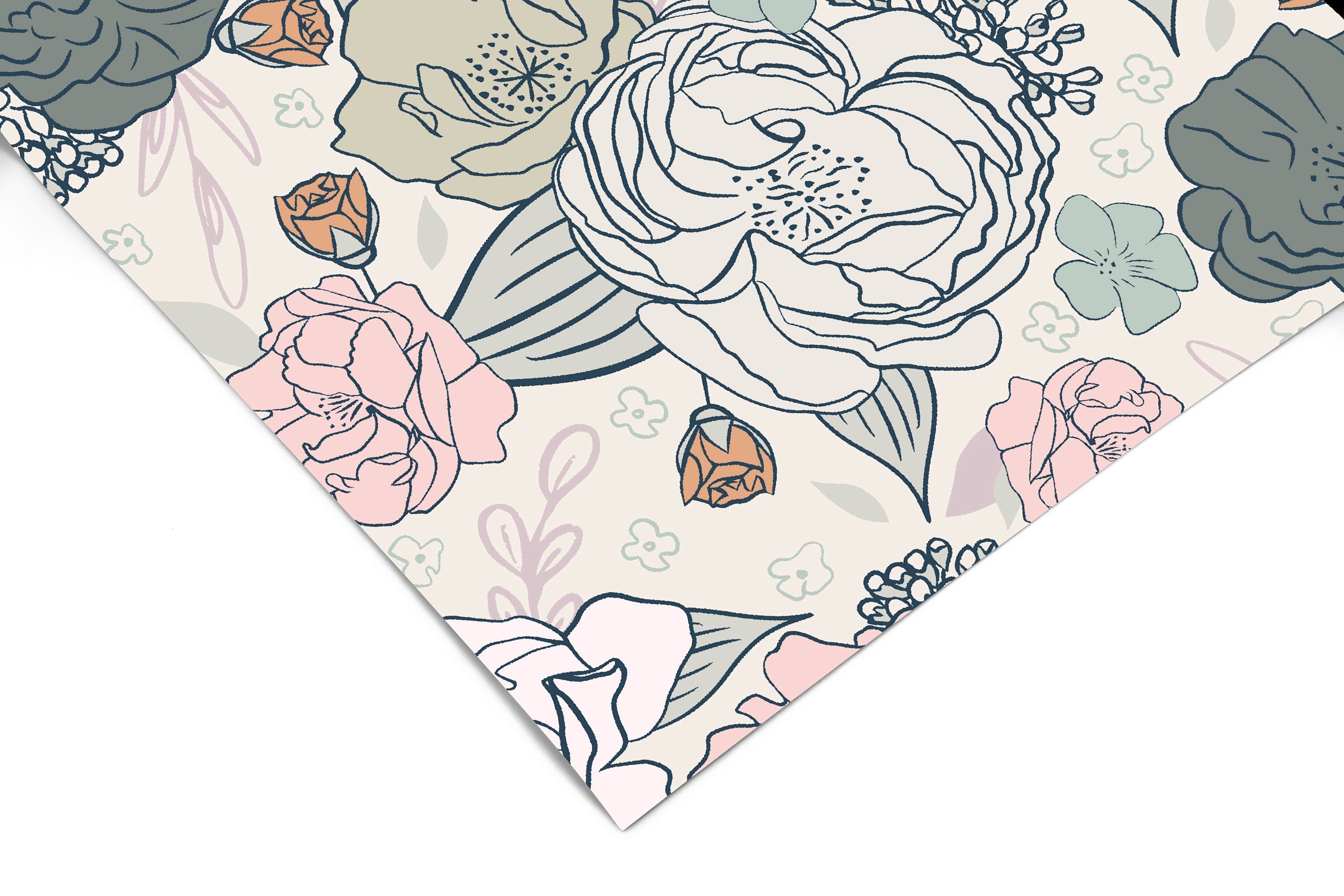 Blue Pink Gray Floral Rose Wallpaper | Girls Nursery Wallpaper | Kids Wallpaper | Childrens Wallpaper | Peel Stick Removable Wallpaper | 163 - JamesAndColors