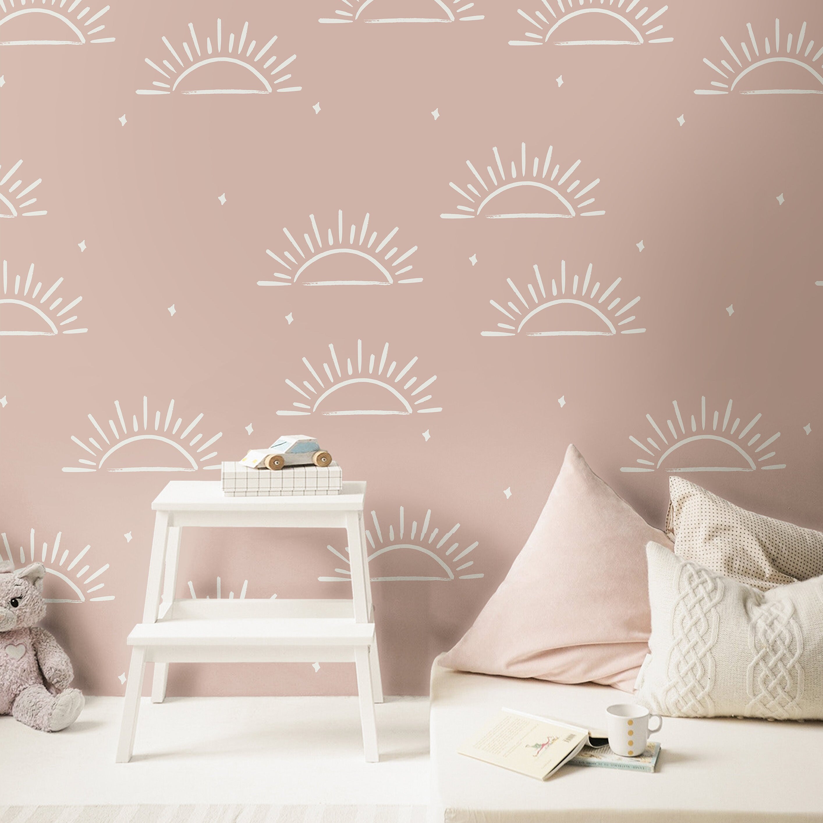 Boho Pastel Pink Sun Wallpaper | Girls Nursery Wallpaper | Kids Wallpaper | Childrens Wallpaper | Peel Stick Removable Wallpaper | 165 - JamesAndColors