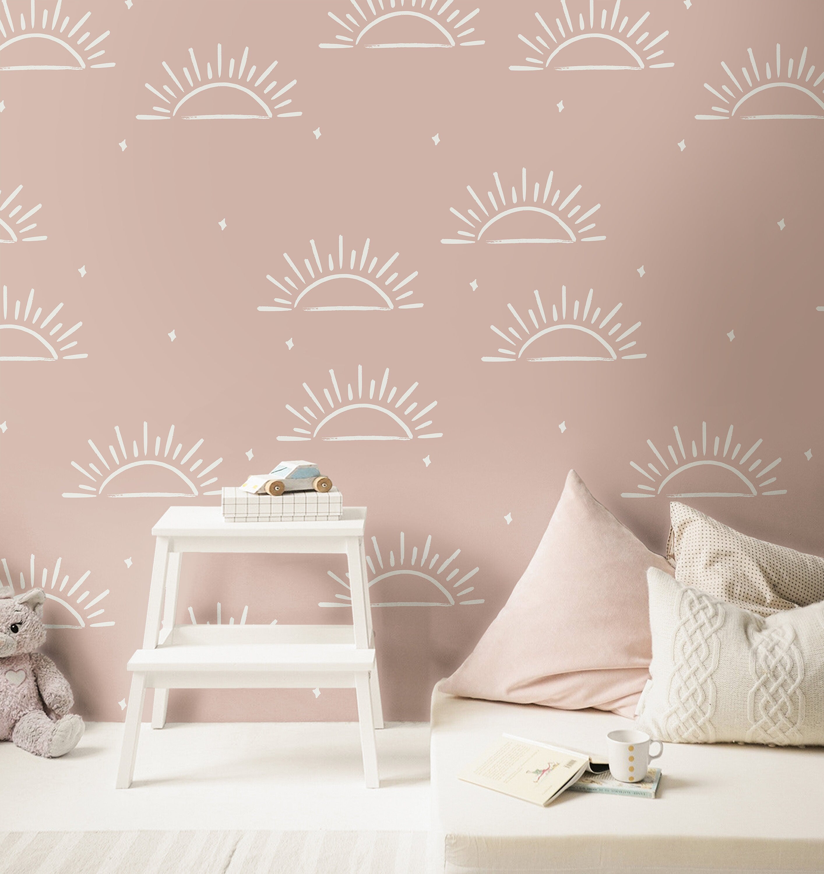 Boho Pastel Pink Sun Wallpaper | Girls Nursery Wallpaper | Kids Wallpaper | Childrens Wallpaper | Peel Stick Removable Wallpaper | 165 - JamesAndColors