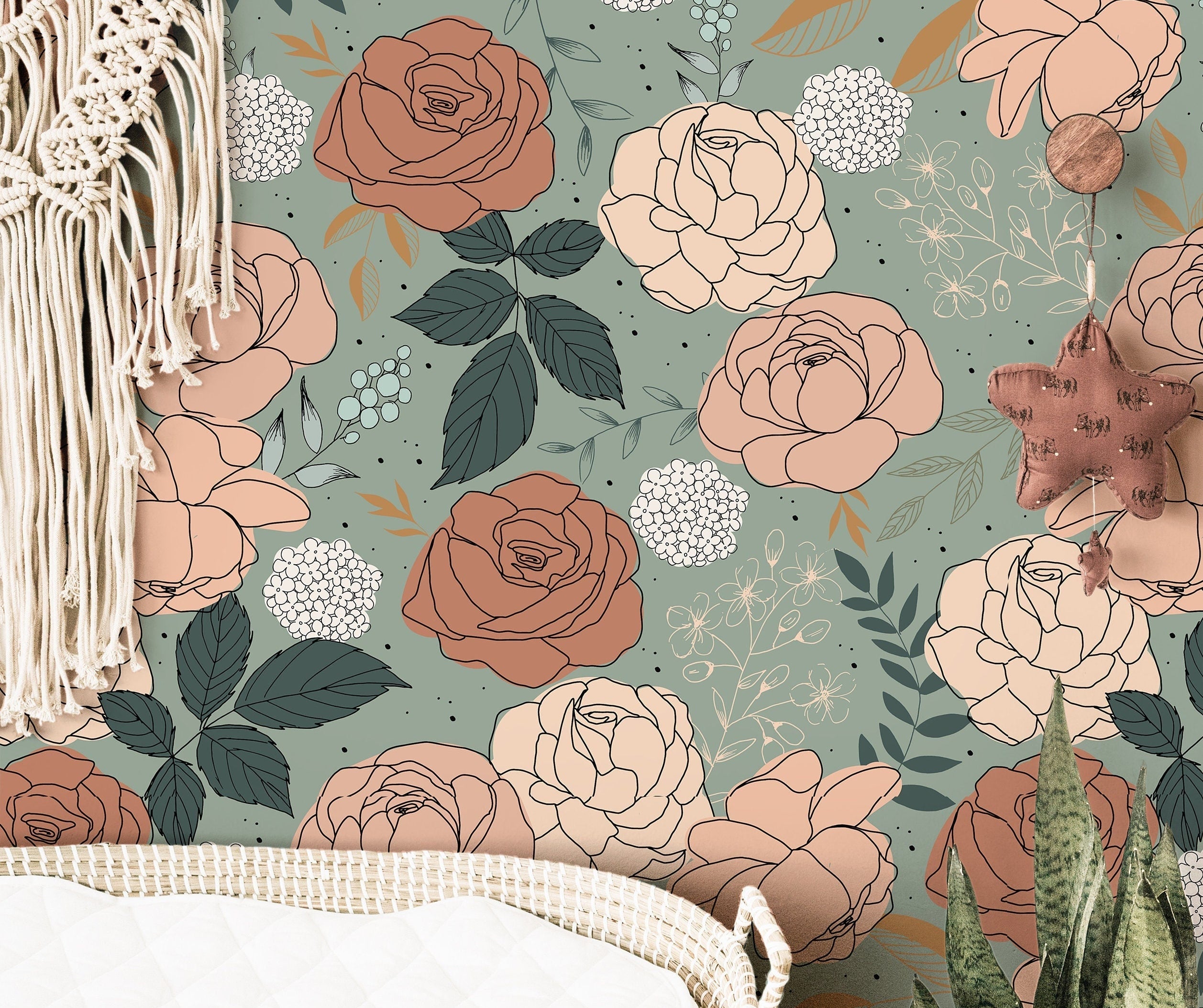 Teal Rose Boho Floral Wallpaper | Girls Nursery Wallpaper | Kids Wallpaper | Childrens Wallpaper | Peel Stick Removable Wallpaper | 166 - JamesAndColors