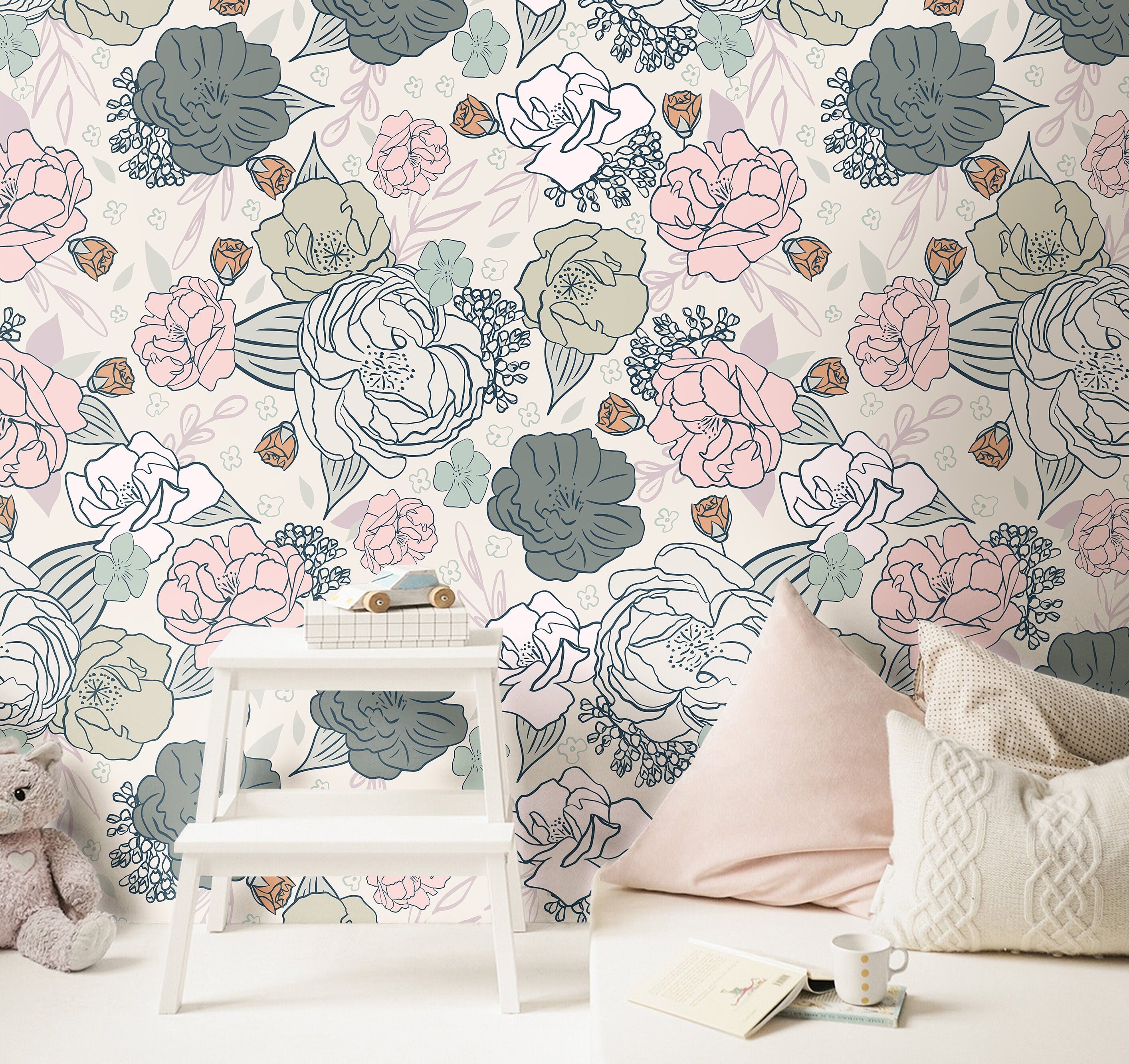 Blue Pink Gray Floral Rose Wallpaper | Girls Nursery Wallpaper | Kids Wallpaper | Childrens Wallpaper | Peel Stick Removable Wallpaper | 163 - JamesAndColors
