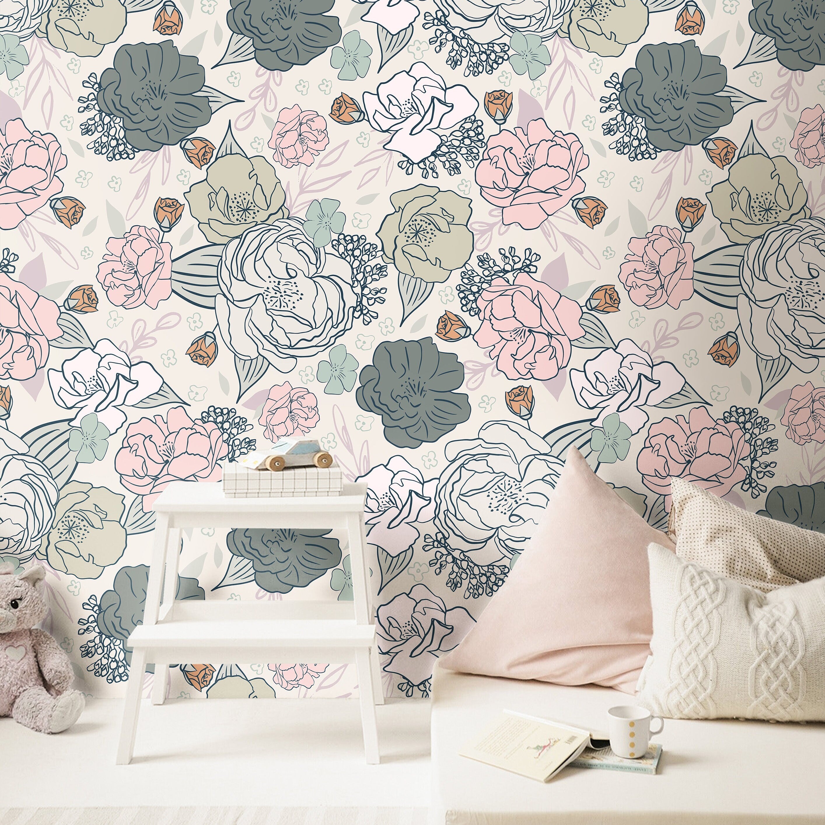 Blue Pink Gray Floral Rose Wallpaper | Girls Nursery Wallpaper | Kids Wallpaper | Childrens Wallpaper | Peel Stick Removable Wallpaper | 163 - JamesAndColors
