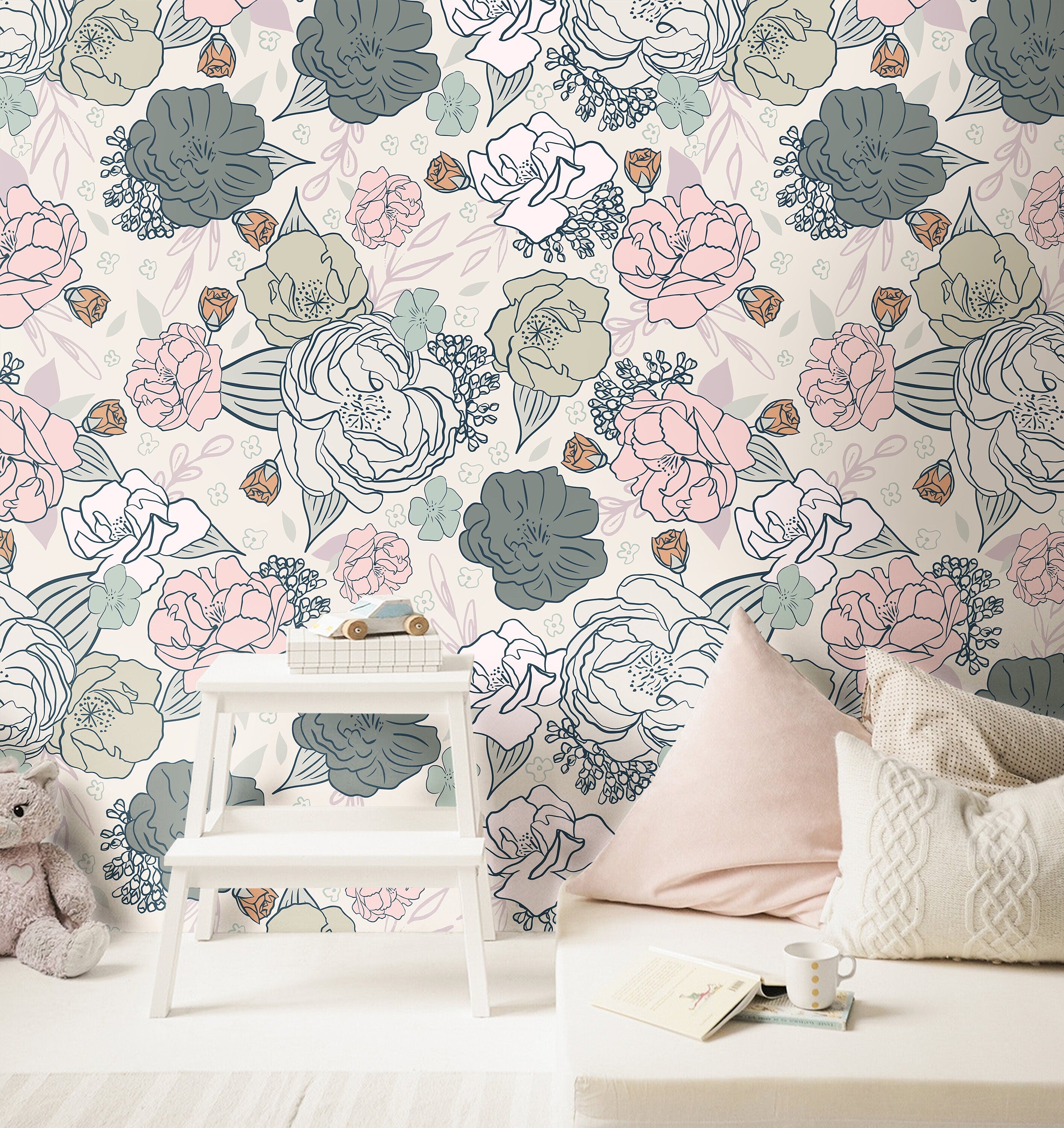 Blue Pink Gray Floral Rose Wallpaper | Girls Nursery Wallpaper | Kids Wallpaper | Childrens Wallpaper | Peel Stick Removable Wallpaper | 163 - JamesAndColors