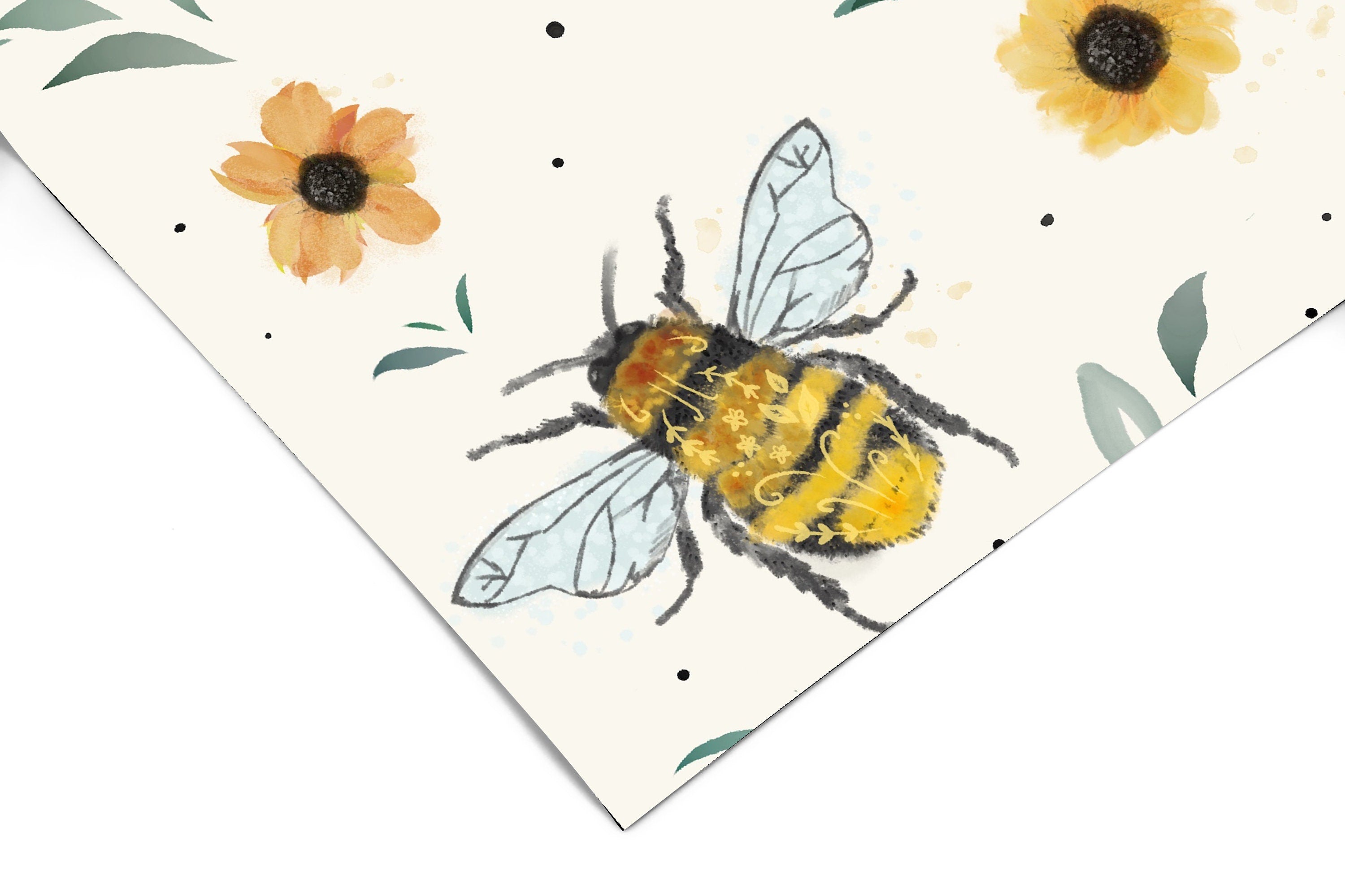 Bumble Bee Floral Cream Wallpaper | Girls Nursery Wallpaper | Kids Wallpaper | Childrens Wallpaper | Peel Stick Removable Wallpaper | 132