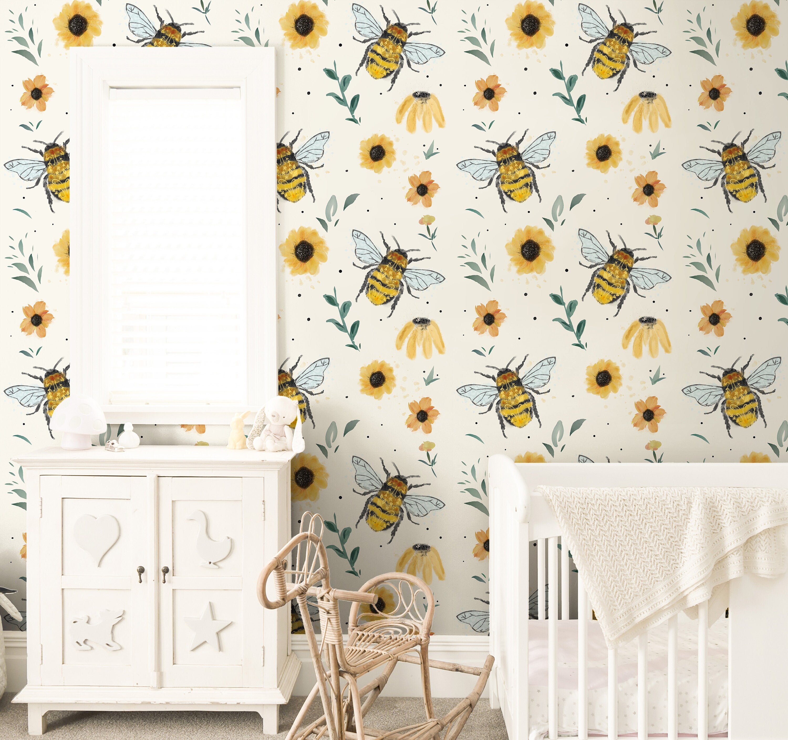 Bumble Bee Floral Cream Wallpaper | Girls Nursery Wallpaper | Kids Wallpaper | Childrens Wallpaper | Peel Stick Removable Wallpaper | 132
