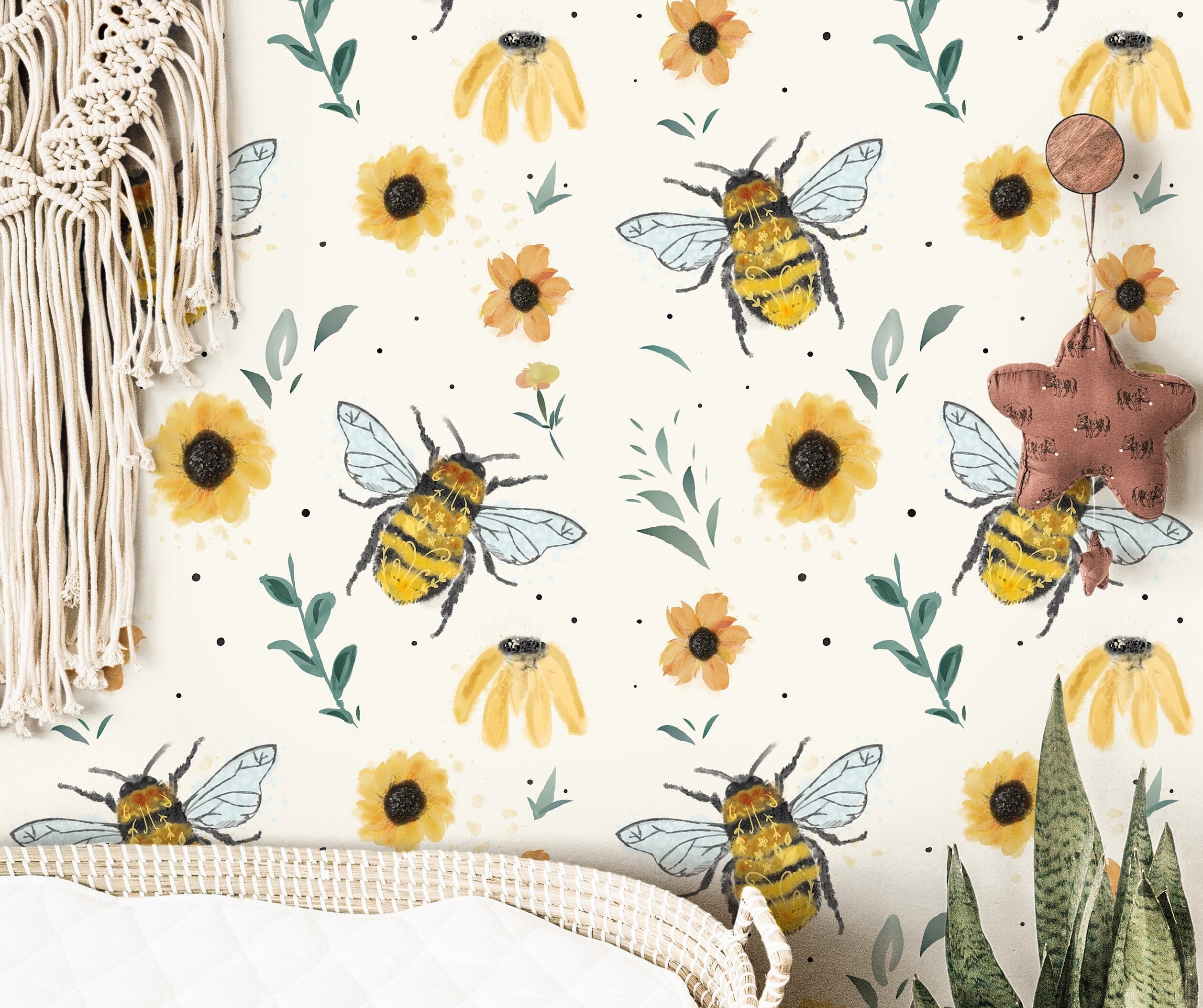 Wallpaper 132: Charming bee and sunflower wallpaper featuring watercolor honeybees buzzing among golden flowers and lush greenery, perfect for a nursery or nature-themed space.