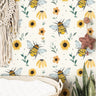 Wallpaper 132: Charming bee and sunflower wallpaper featuring watercolor honeybees buzzing among golden flowers and lush greenery, perfect for a nursery or nature-themed space.