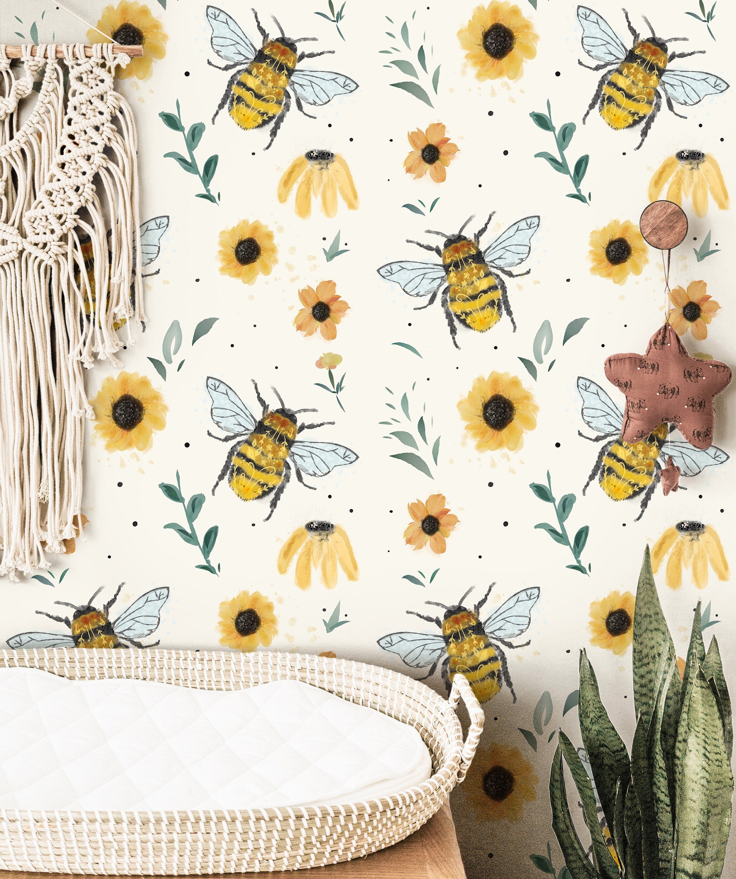 Wallpaper 132: Charming bee and sunflower wallpaper featuring watercolor honeybees buzzing among golden flowers and lush greenery, perfect for a nursery or nature-themed space.